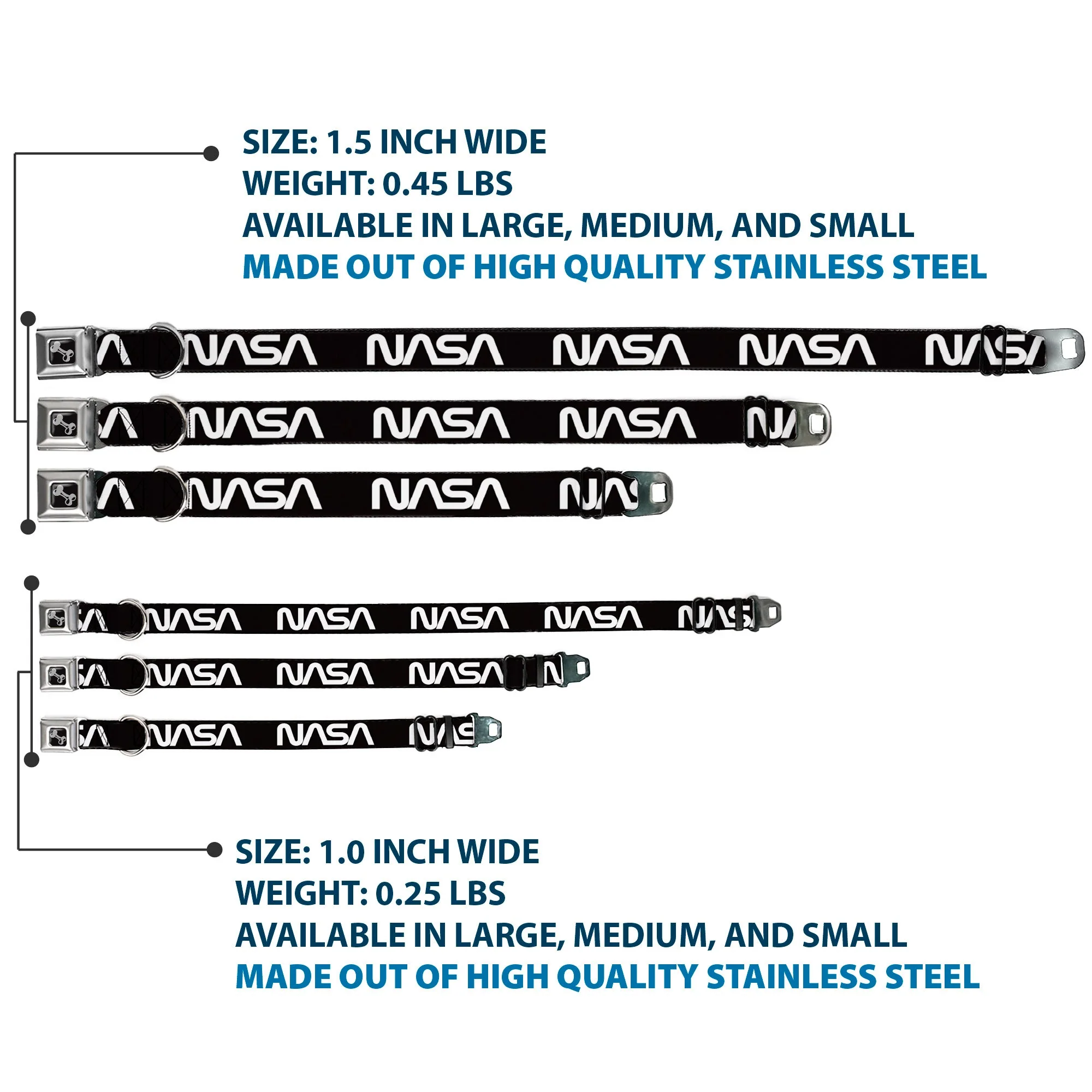 Dog Bone Black/Silver Seatbelt Buckle Collar - NASA Text Black/White - Image 3