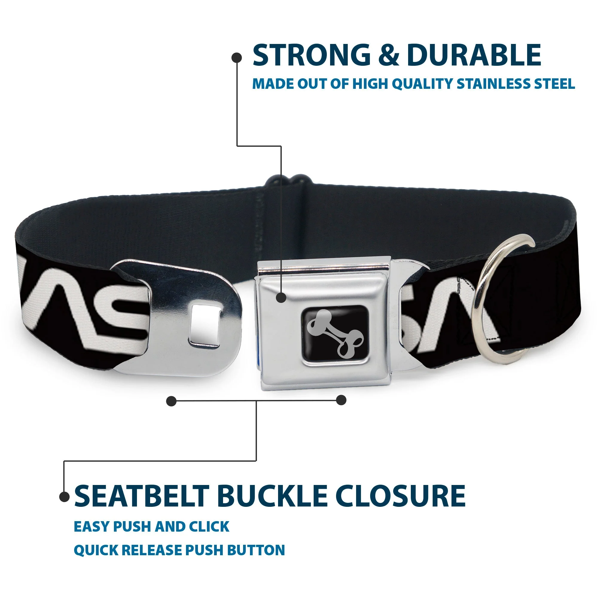 Dog Bone Black/Silver Seatbelt Buckle Collar - NASA Text Black/White - Image 4
