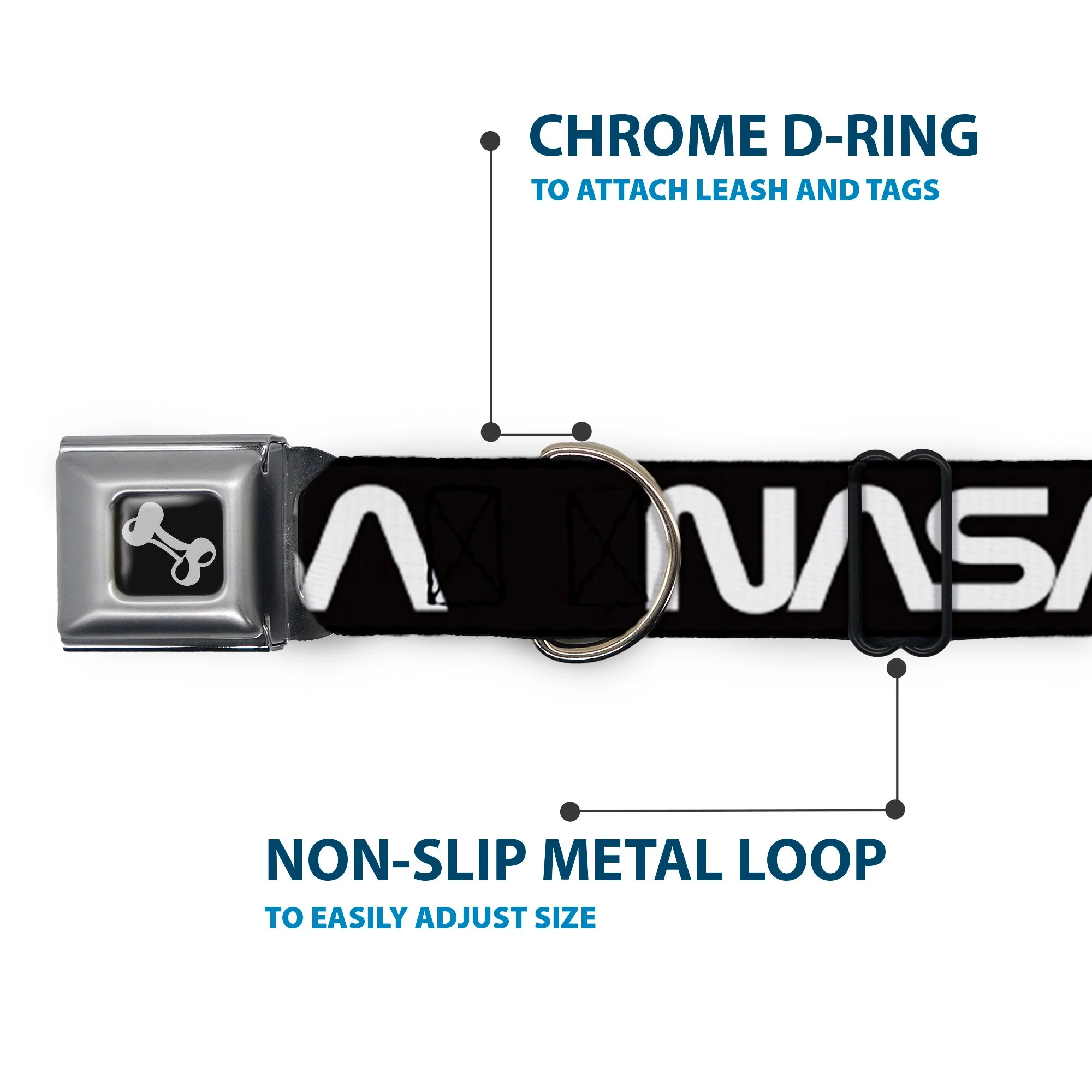 Dog Bone Black/Silver Seatbelt Buckle Collar - NASA Text Black/White - Image 5