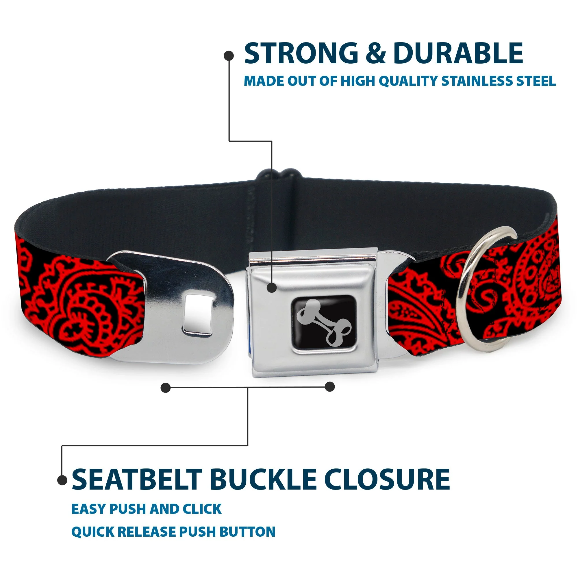 Dog Bone Seatbelt Buckle Collar - Bandana/Skulls Black/Red - Image 4