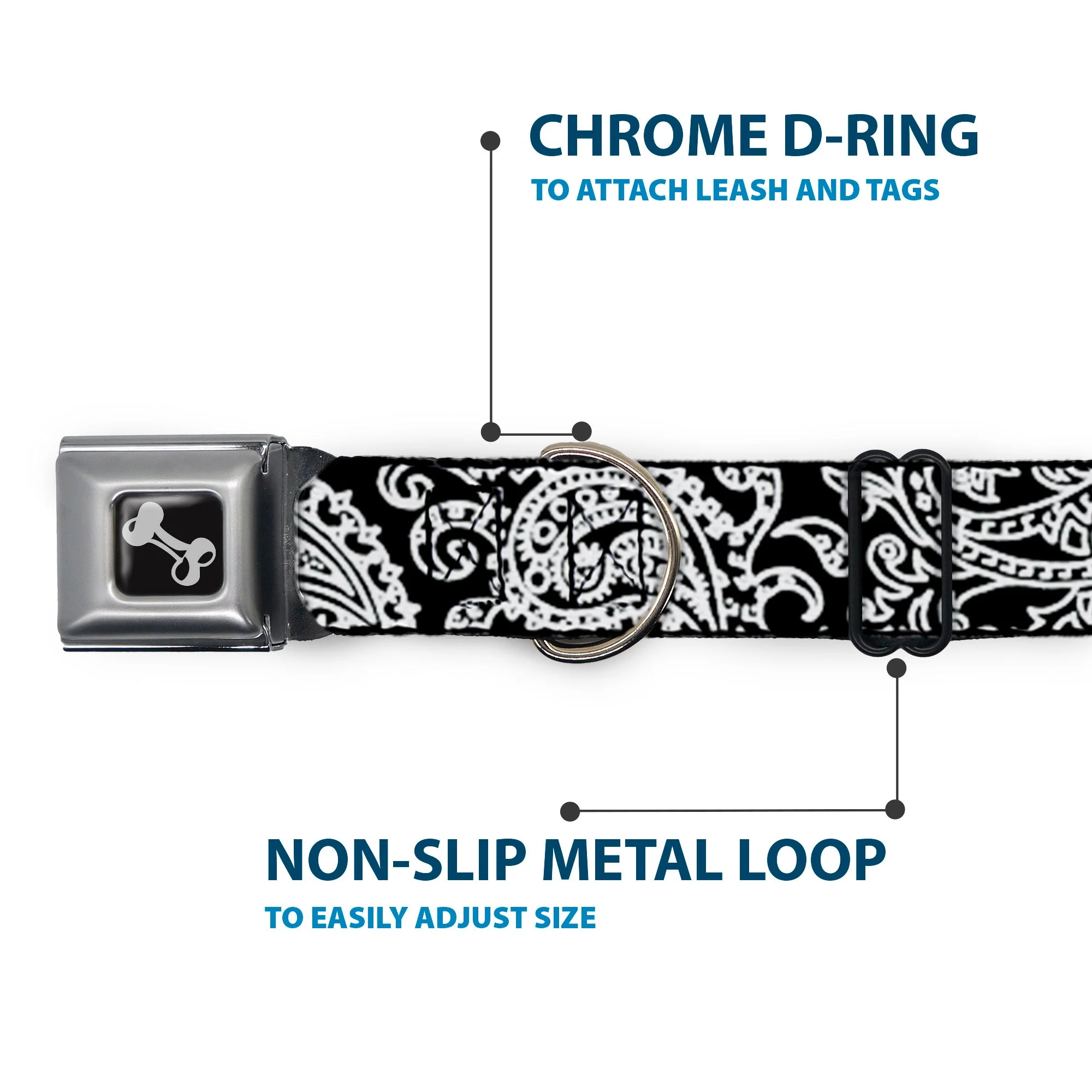 Dog Bone Seatbelt Buckle Collar - Bandana/Skulls Black/White - Image 5