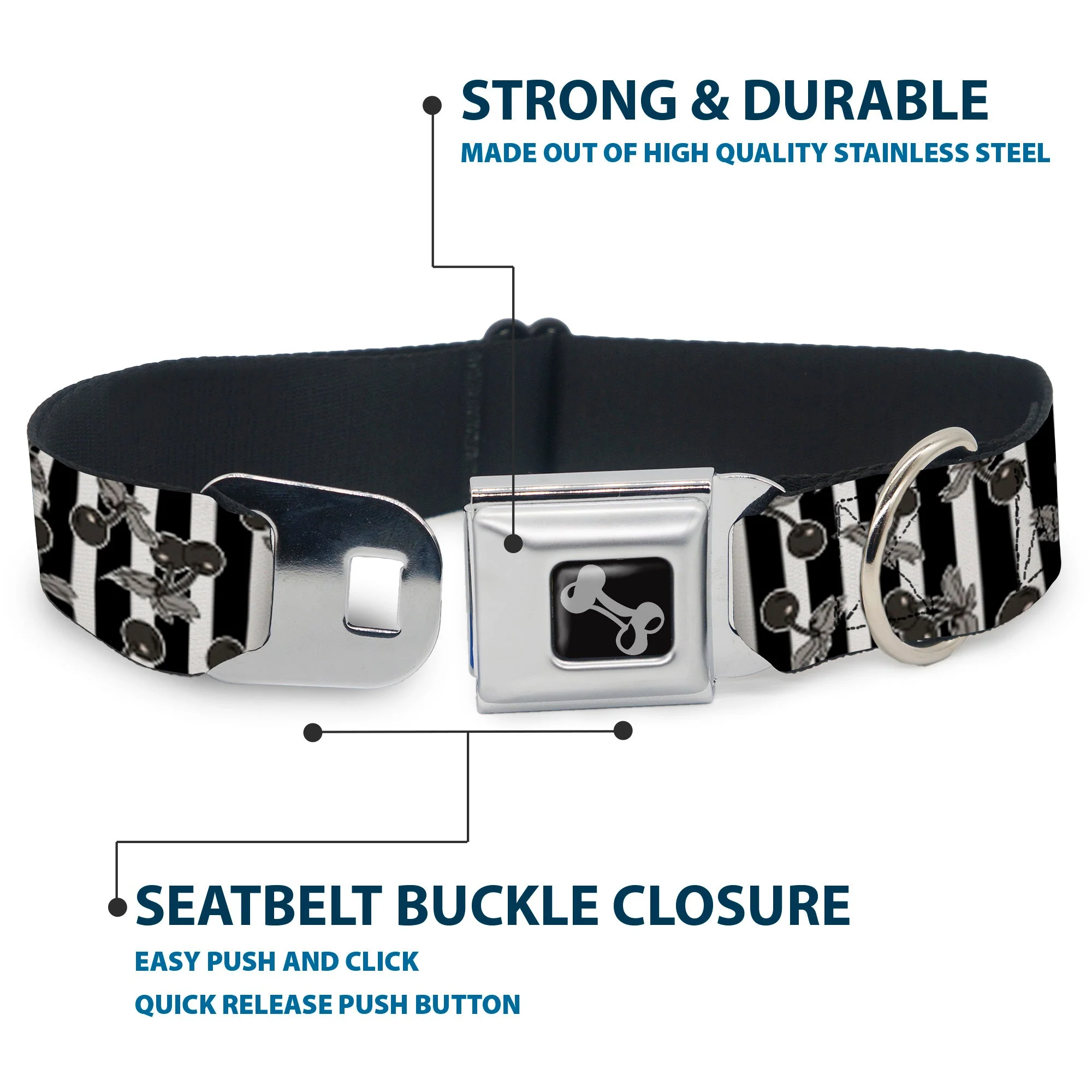 Dog Bone Seatbelt Buckle Collar - Cherries Scattered/Vertical Stripe White/Black/Grays - Image 4