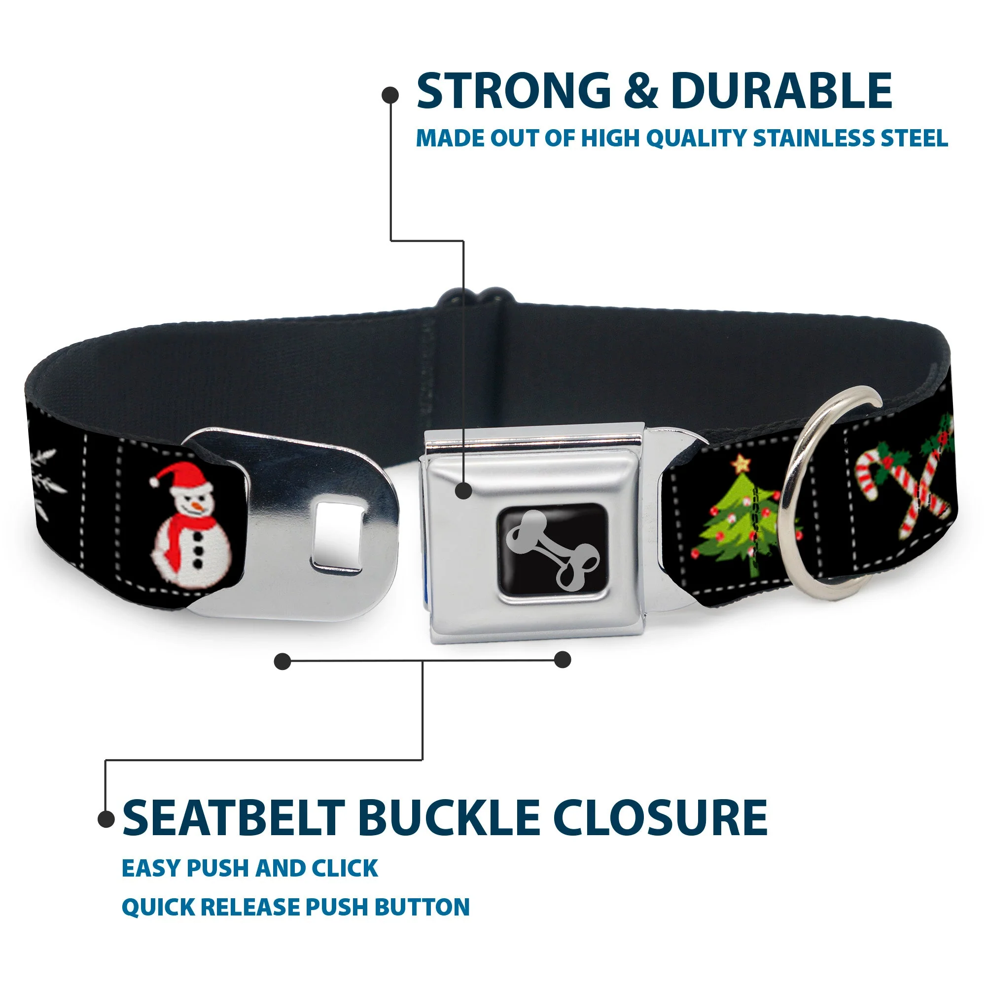 Dog Bone Seatbelt Buckle Collar - Christmas Blocks Black/White/Multi Color - Image 4