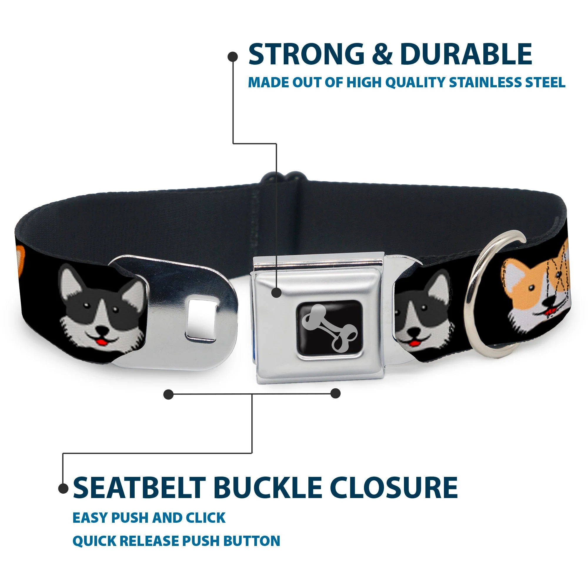Dog Bone Seatbelt Buckle Collar - Corgi 3-Faces Black - Image 4
