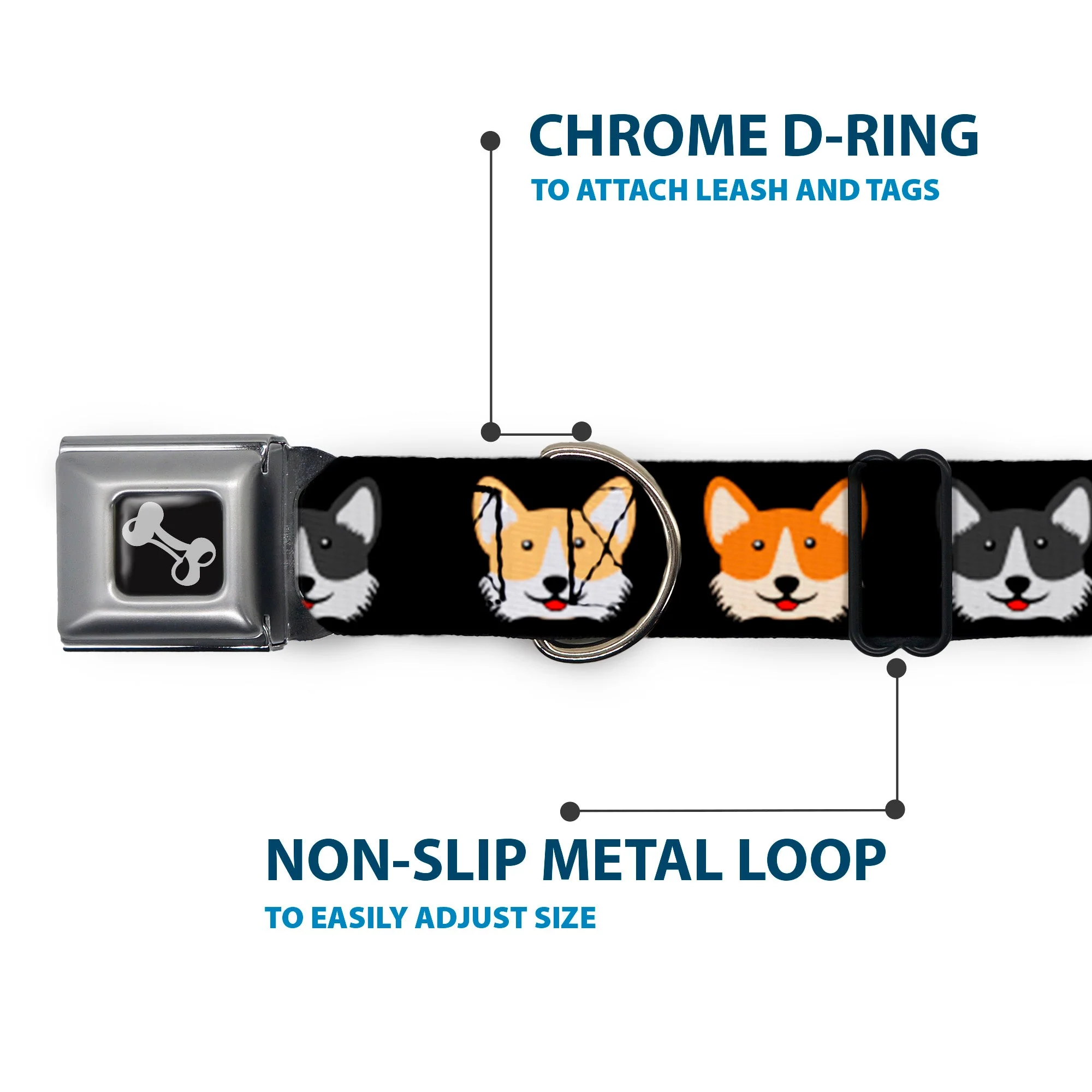 Dog Bone Seatbelt Buckle Collar - Corgi 3-Faces Black - Image 5