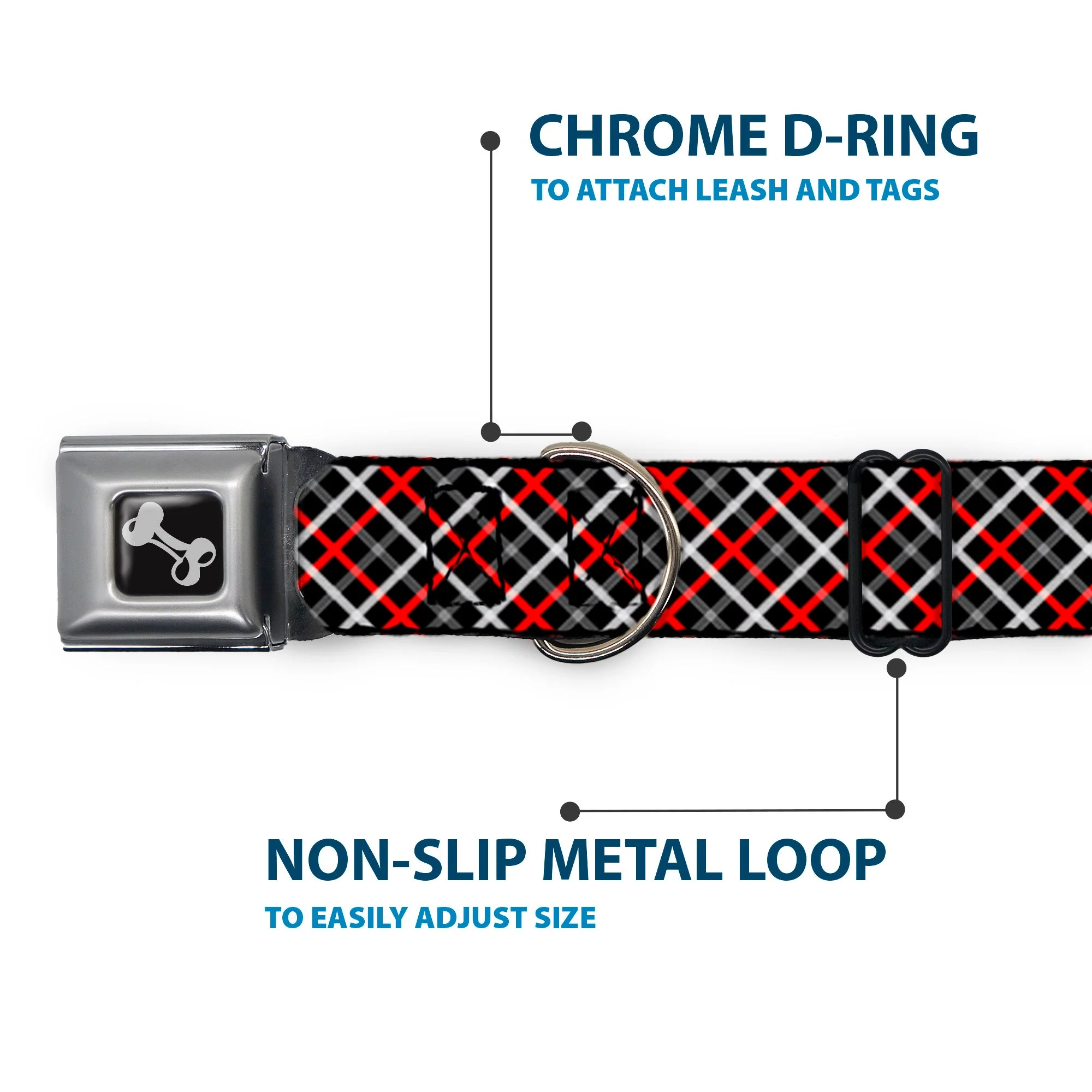 Dog Bone Seatbelt Buckle Collar - Criss Cross Plaid Black/Gray/Red - Image 5