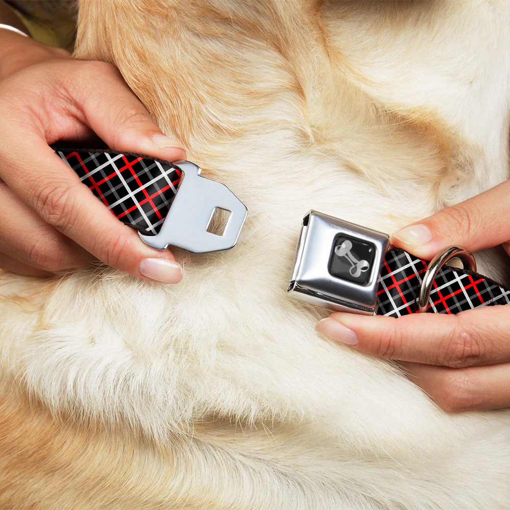 Dog Bone Seatbelt Buckle Collar - Criss Cross Plaid Black/Gray/Red - Image 8