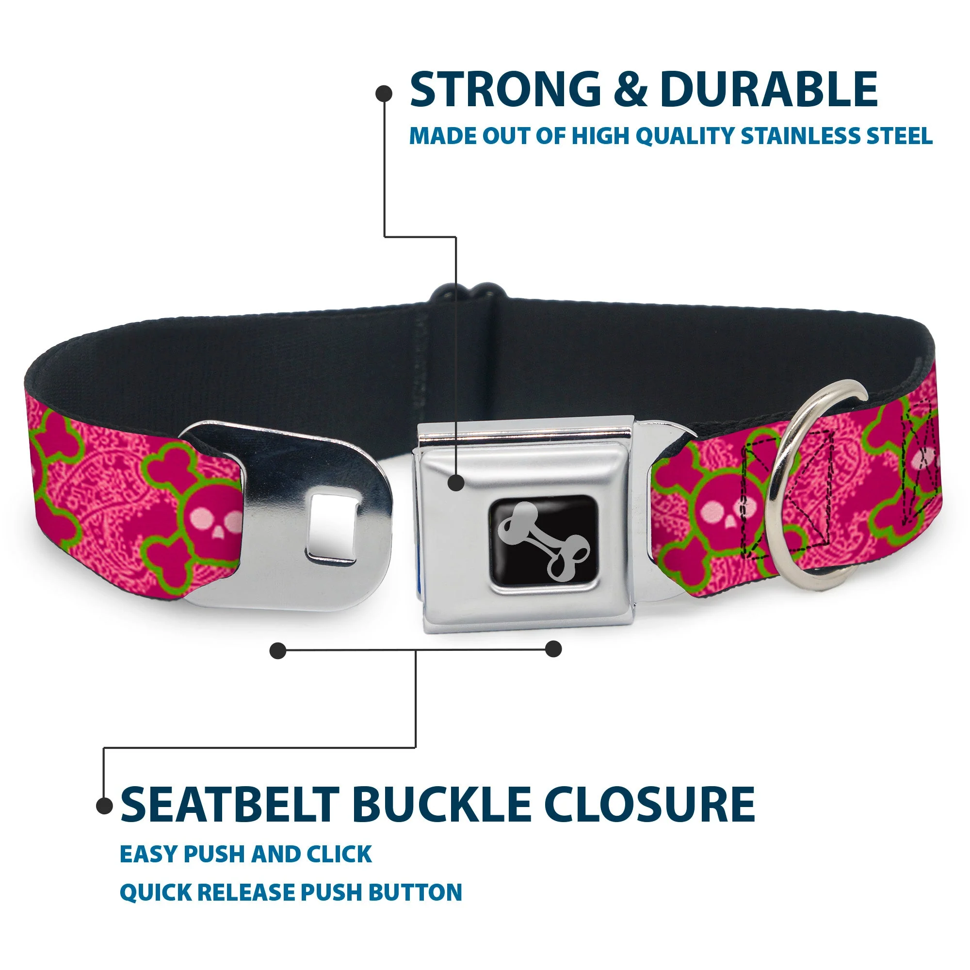 Dog Bone Seatbelt Buckle Collar - Cute Skulls w/Paisley Purple/Pink/Green - Image 4