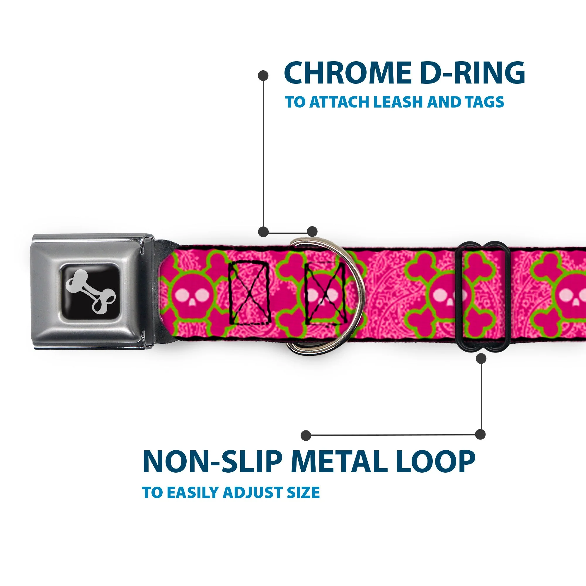 Dog Bone Seatbelt Buckle Collar - Cute Skulls w/Paisley Purple/Pink/Green - Image 5