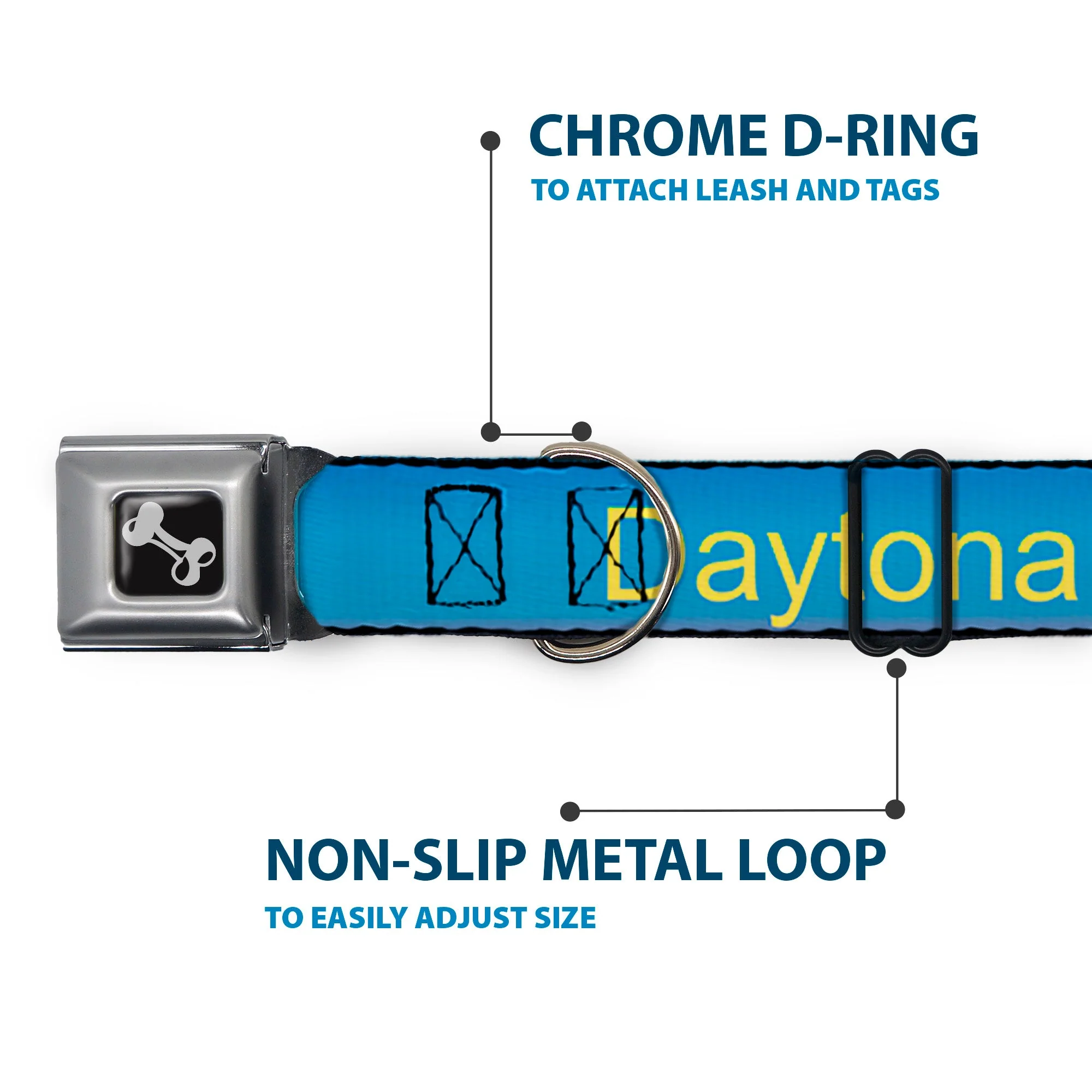 Dog Bone Seatbelt Buckle Collar - DAYTON BEACH Script/Sun/Palm Trees Blue Fade/Yellow/Oranges/Green - Image 5