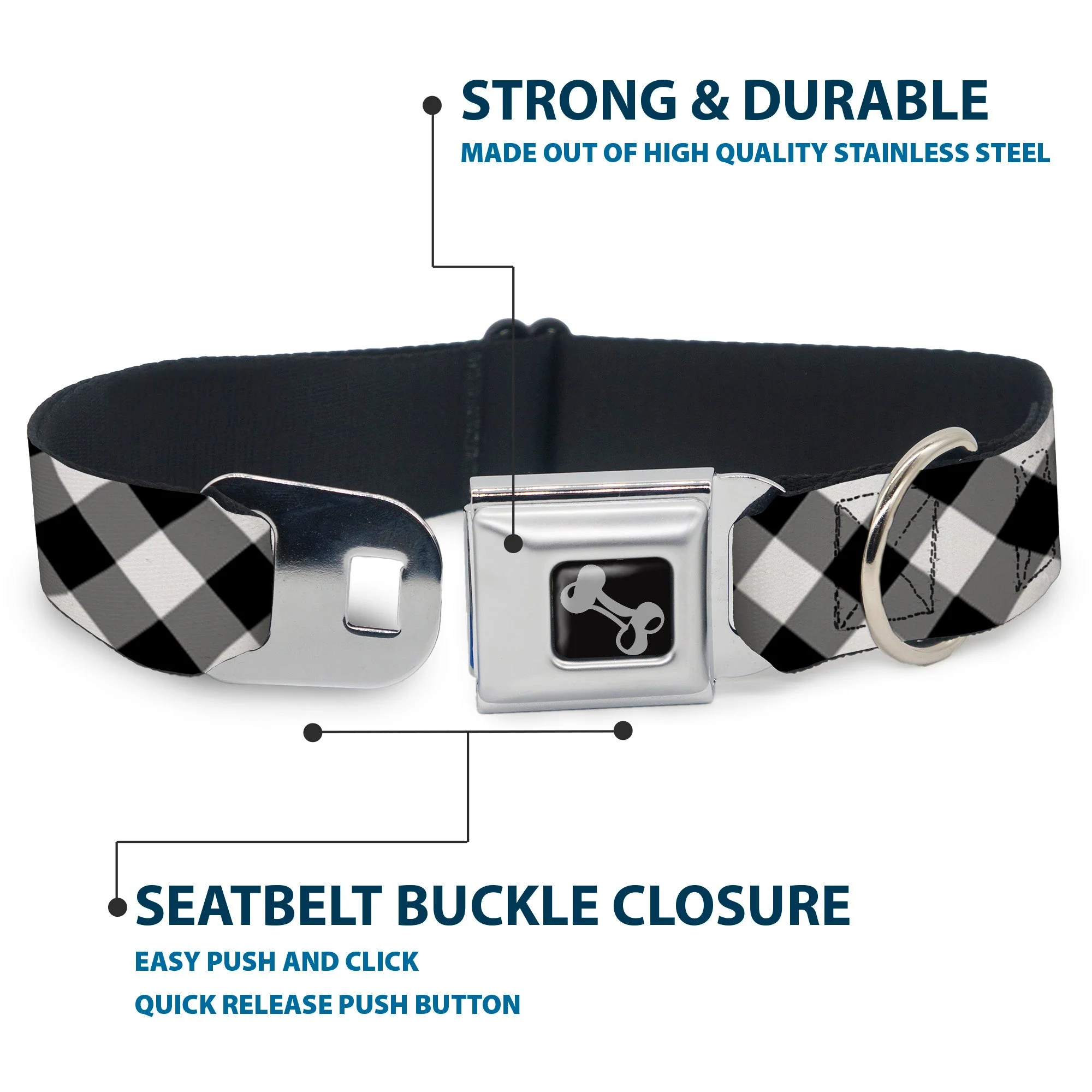 Dog Bone Seatbelt Buckle Collar - Diagonal Buffalo Plaid Black/White - Image 4