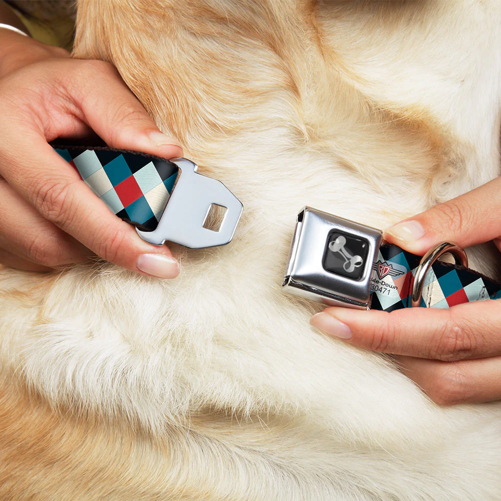 Dog Bone Seatbelt Buckle Collar - Diamond Plaid Blues/Khaki/Red - Image 8