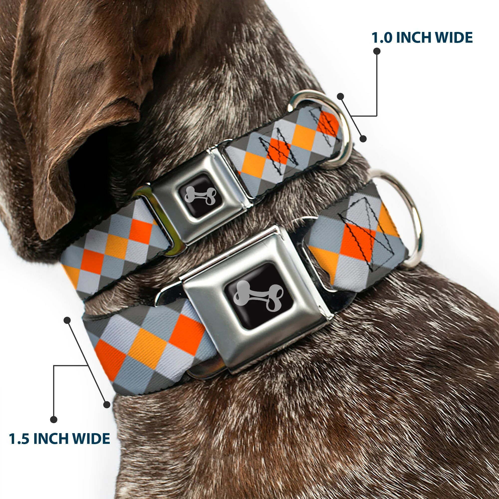 Dog Bone Seatbelt Buckle Collar - Diamond Plaid Grays/Orange - Image 2
