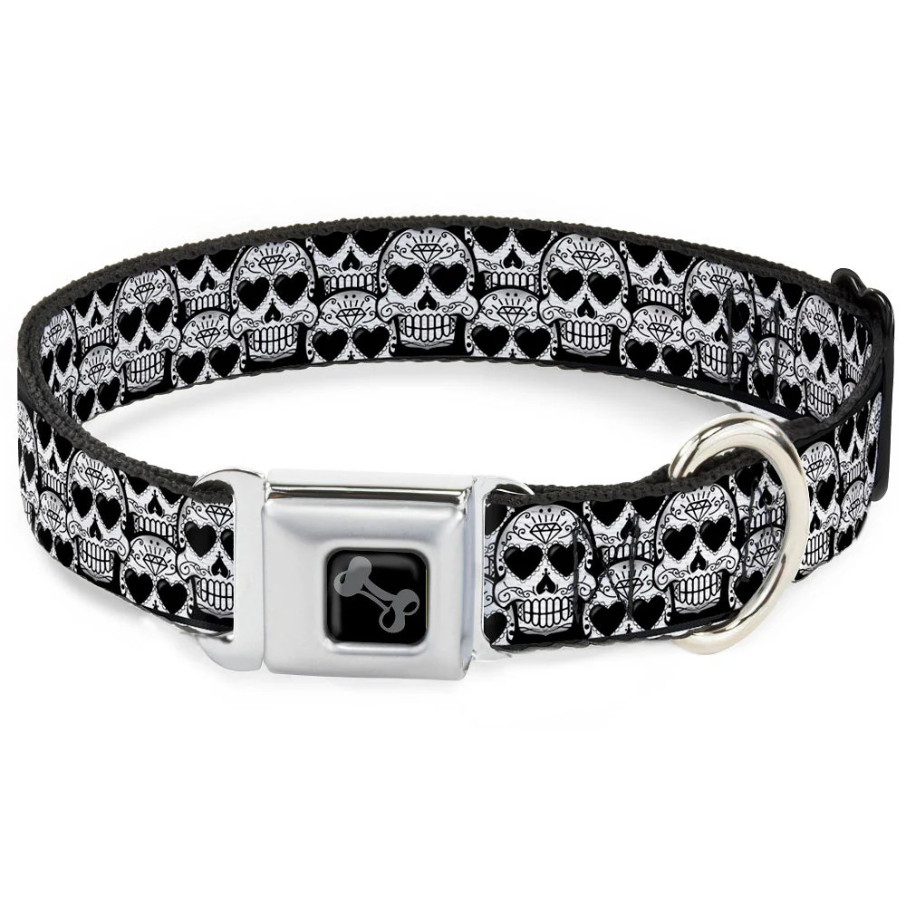 Dog Bone Seatbelt Buckle Collar - Diamond Sugar Skull Stacked Black/Silver Fade/White