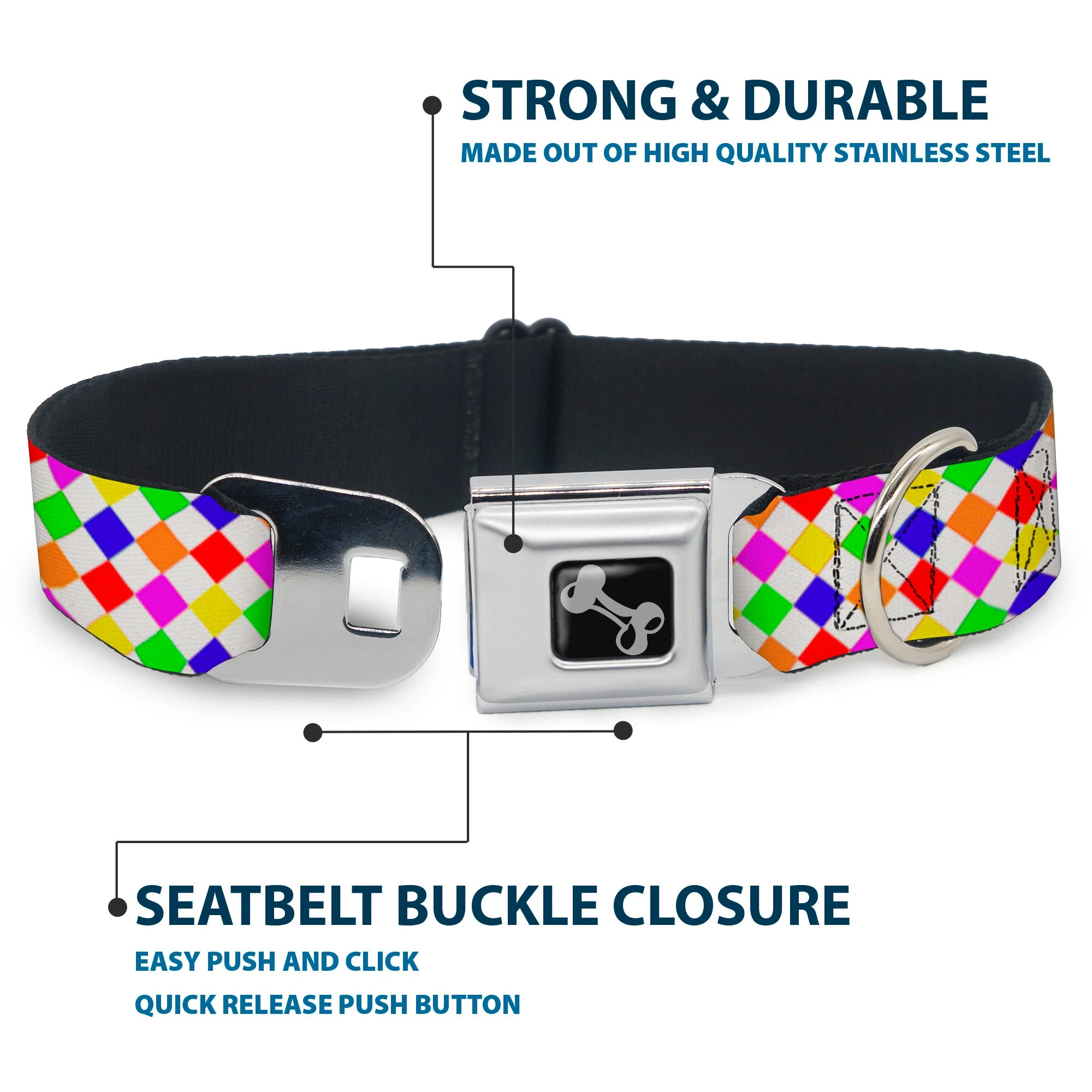 Dog Bone Seatbelt Buckle Collar - Diamonds White/Multi Neon - Image 4