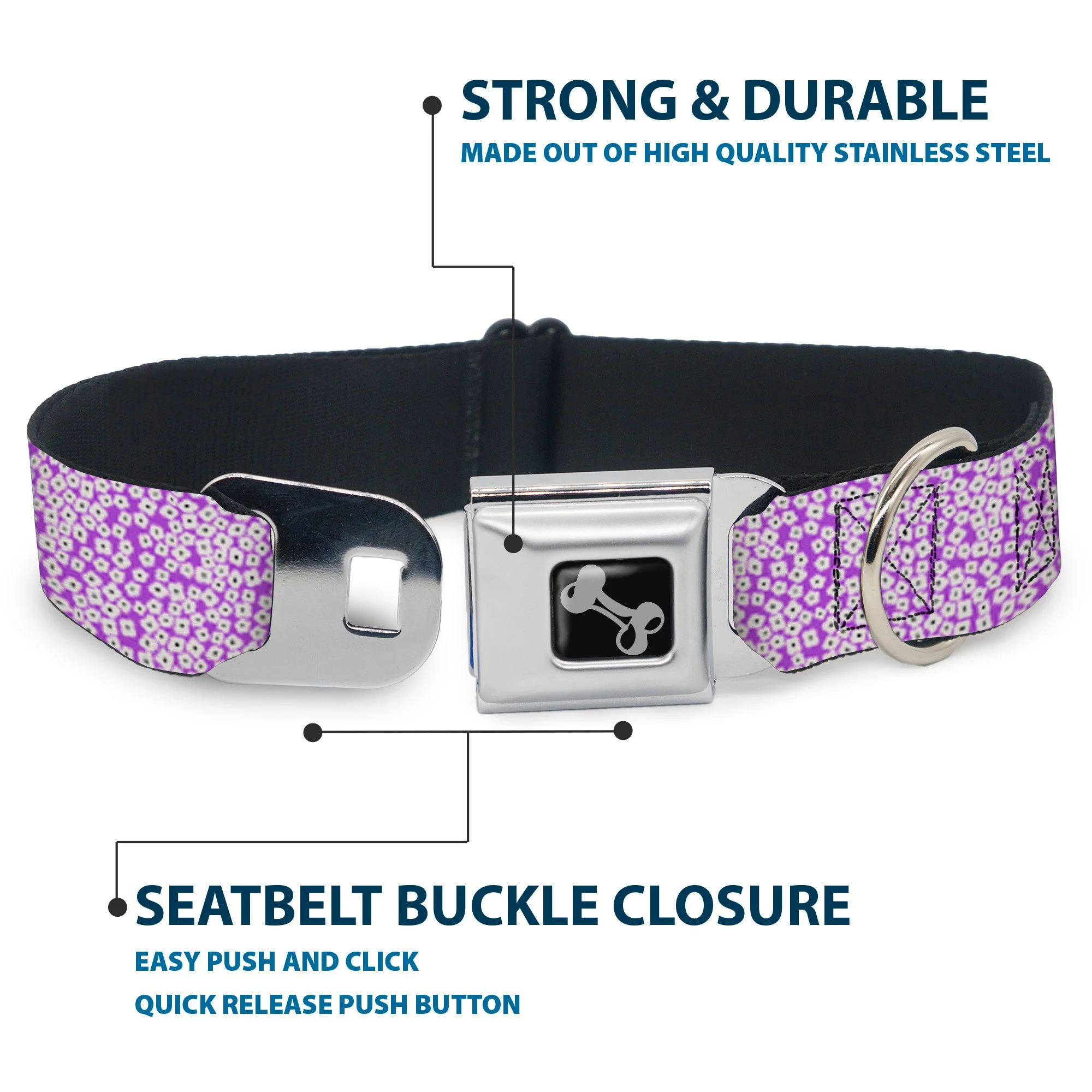 Dog Bone Seatbelt Buckle Collar - Ditsy Floral Lavender/White/Black - Image 4