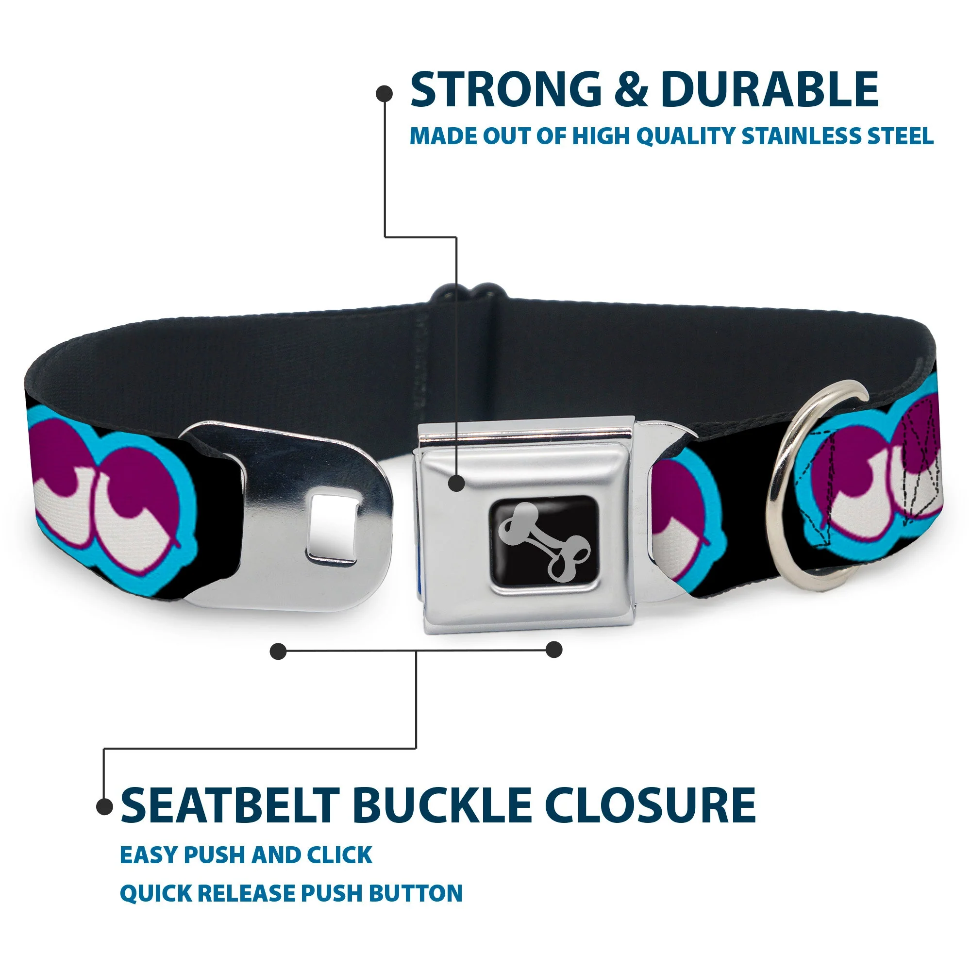 Dog Bone Seatbelt Buckle Collar - Dopey Eyes Black/Baby Blue/Purple - Image 4