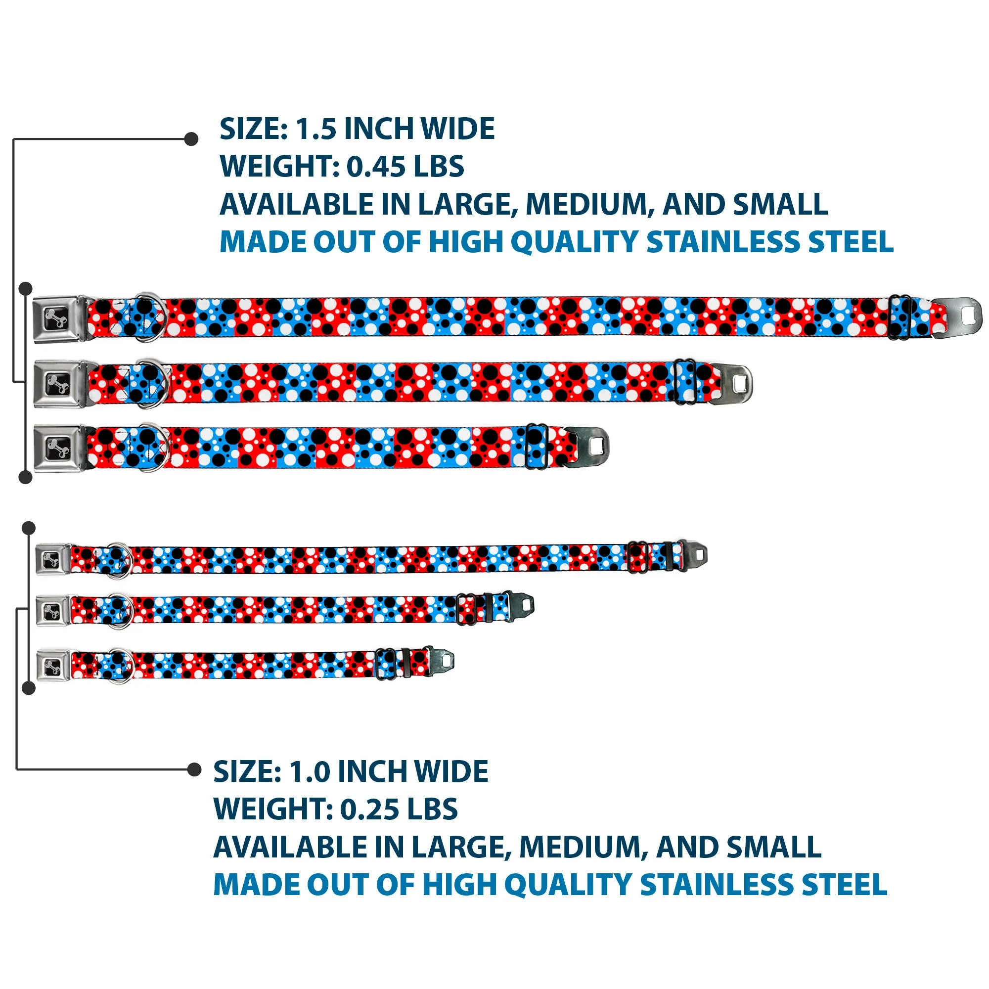 Dog Bone Seatbelt Buckle Collar - Dot Blocks Blue/Red/Black/White - Image 3