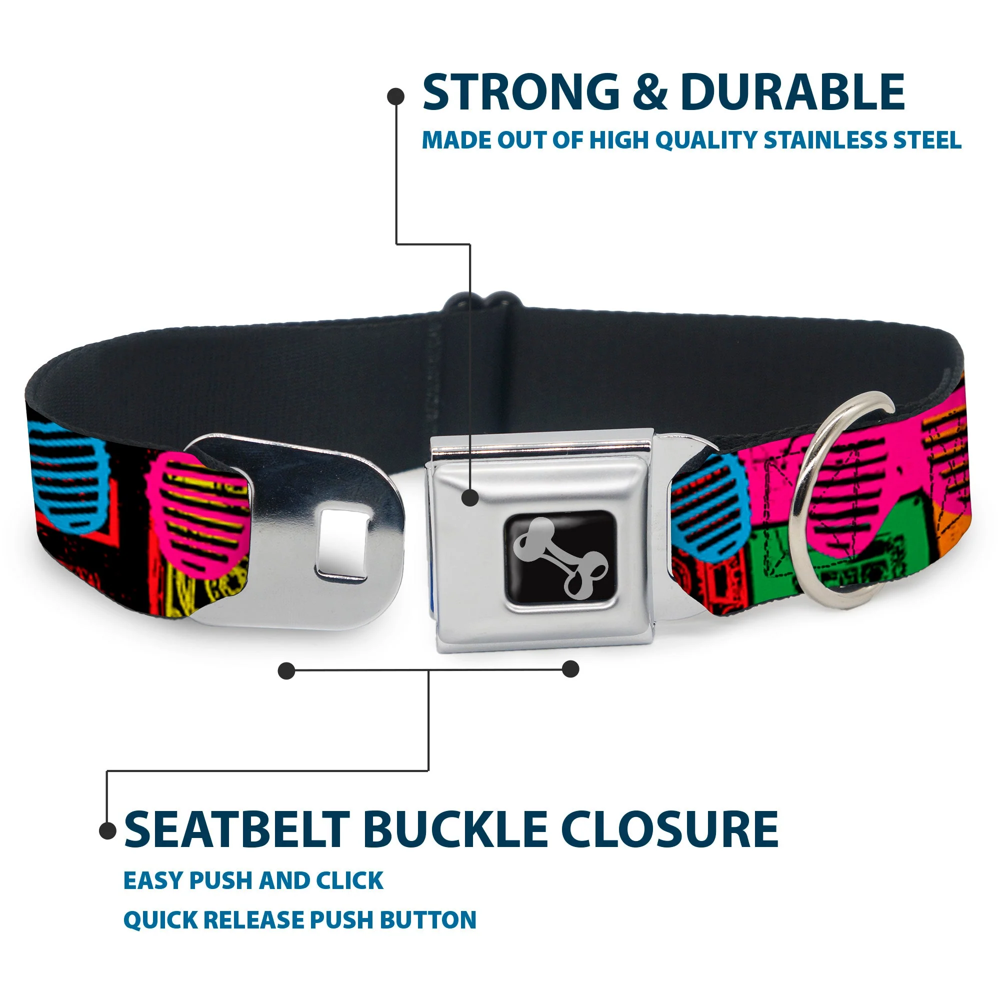 Dog Bone Seatbelt Buckle Collar - Eighties Shades Tapes Black/Neon - Image 4