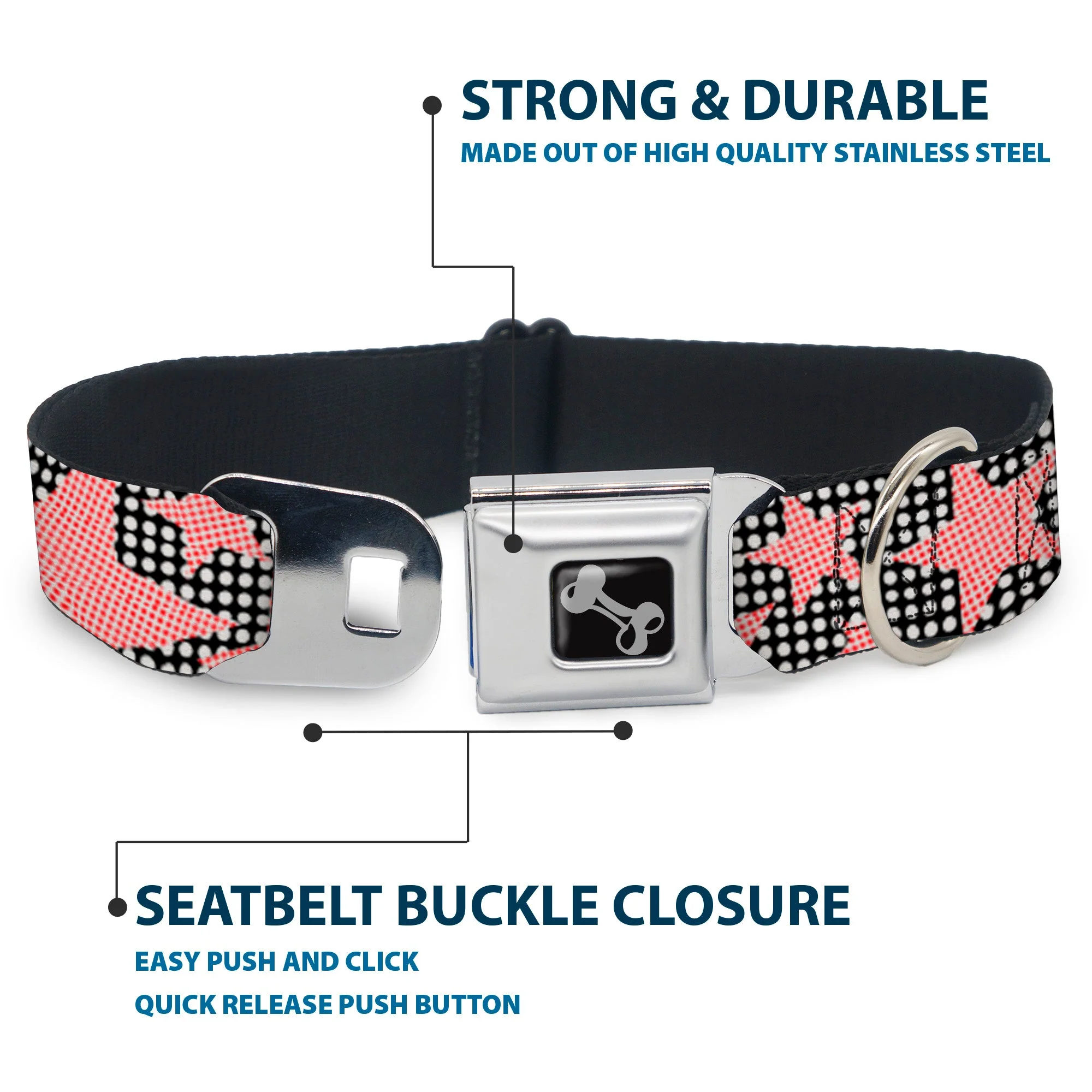 Dog Bone Seatbelt Buckle Collar - Eighties Stars2 Black/White/Red - Image 4