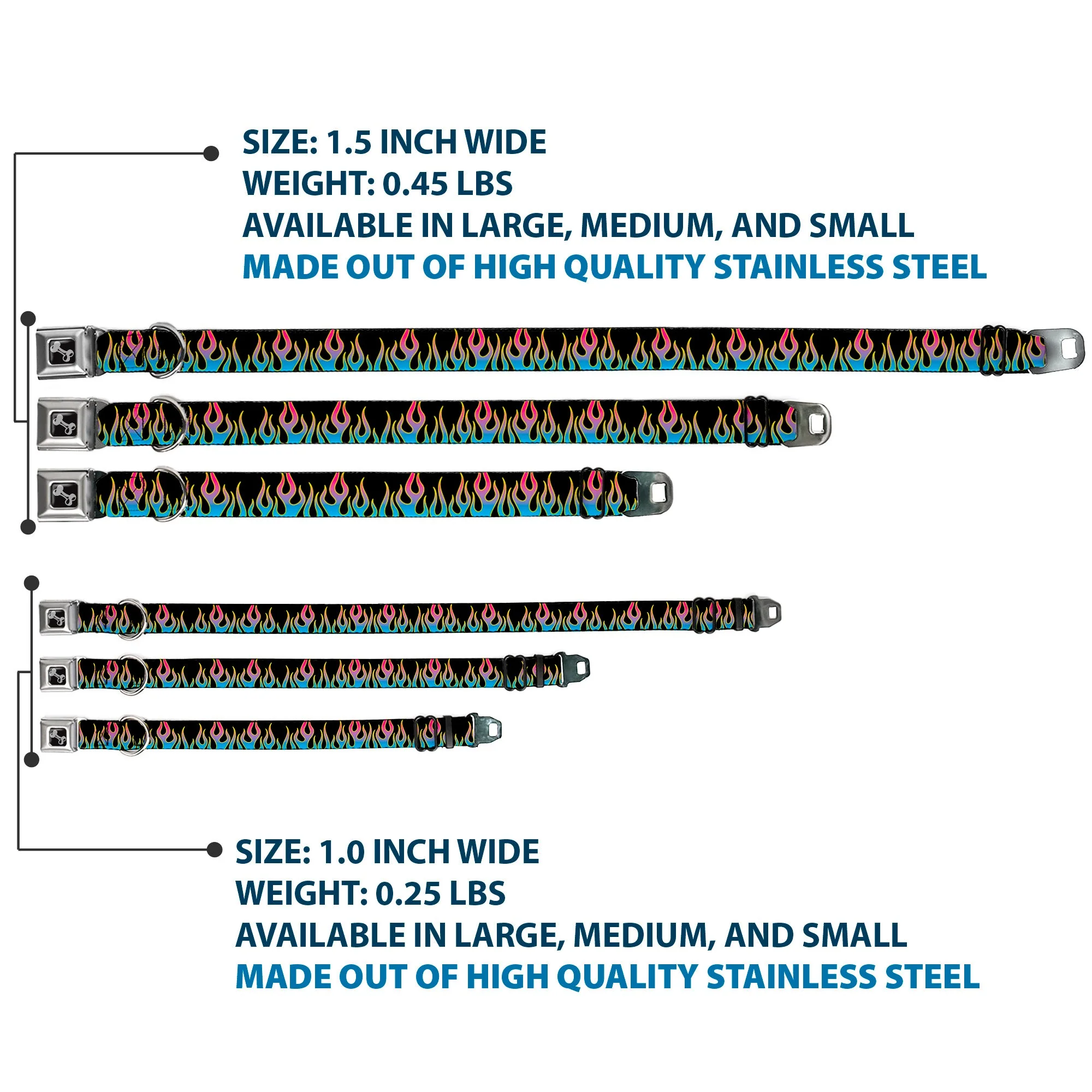 Dog Bone Seatbelt Buckle Collar - Flames Black/Blue/Pink - Image 3