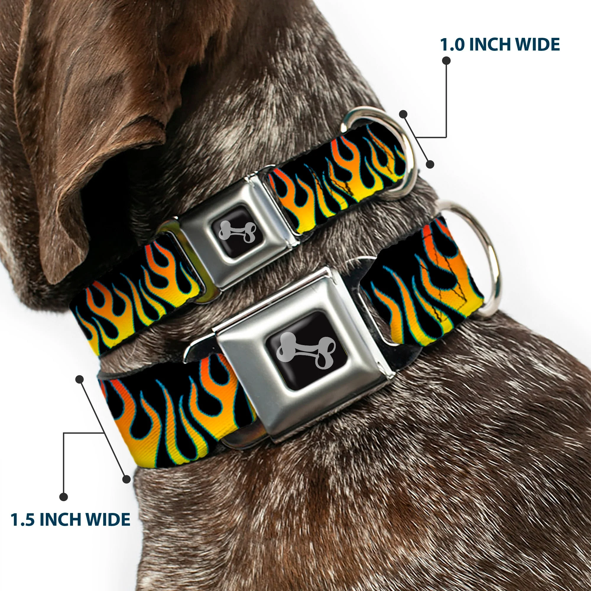 Dog Bone Seatbelt Buckle Collar - Flames Black/Yellow/Orange - Image 2