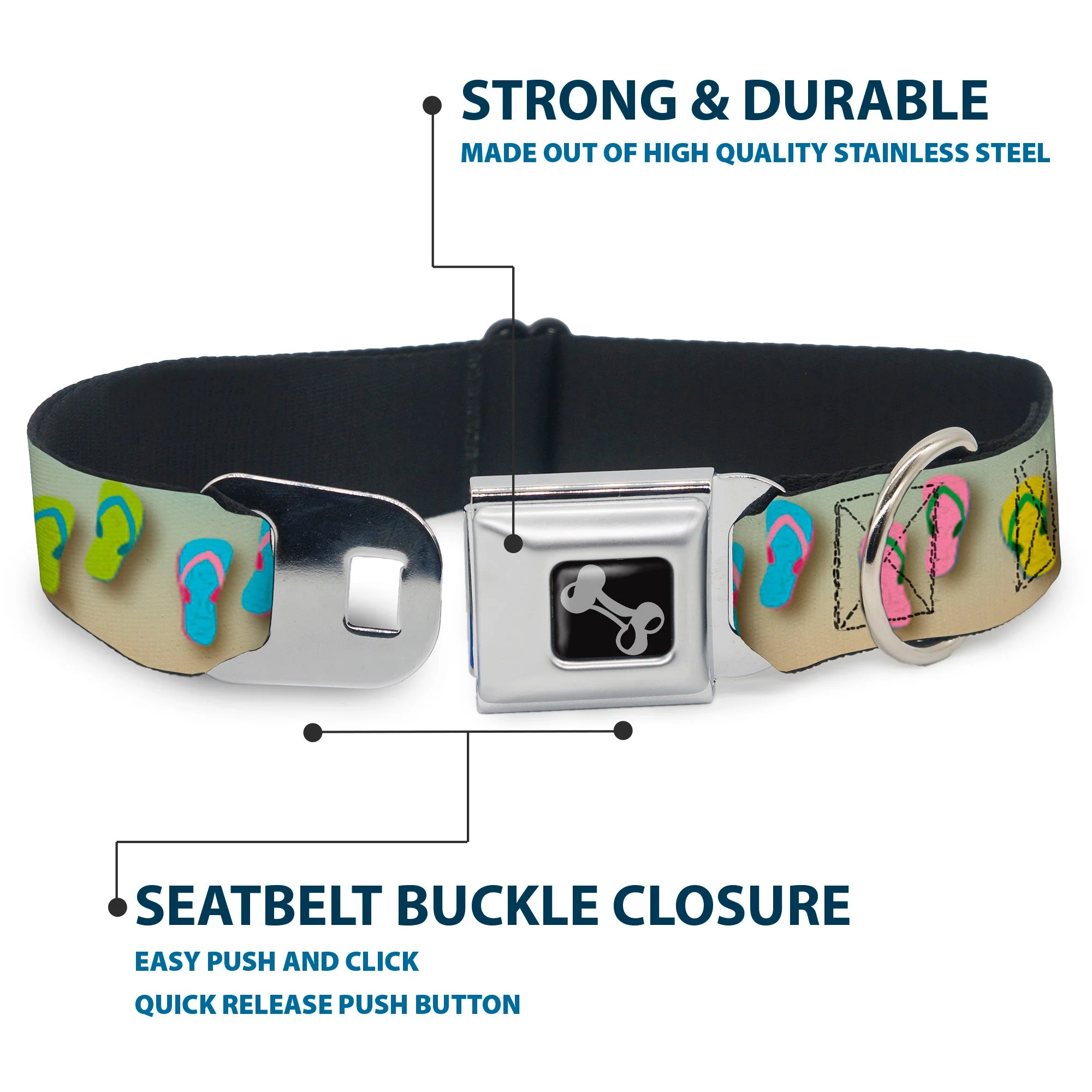 Dog Bone Seatbelt Buckle Collar - Flip Flops2 Aqua/Multi Color - Image 4