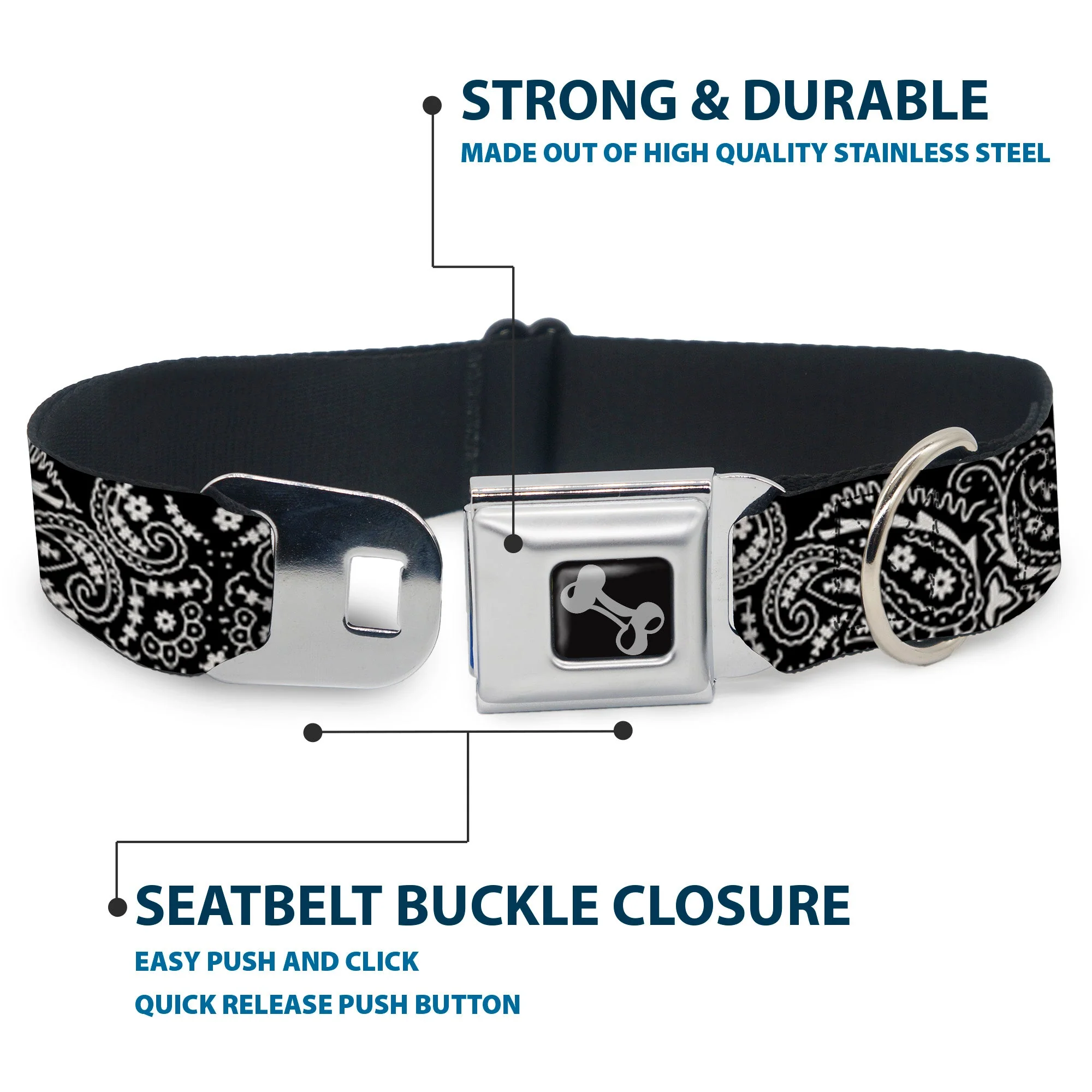 Dog Bone Seatbelt Buckle Collar - Floral Paisley2 Black/White - Image 4