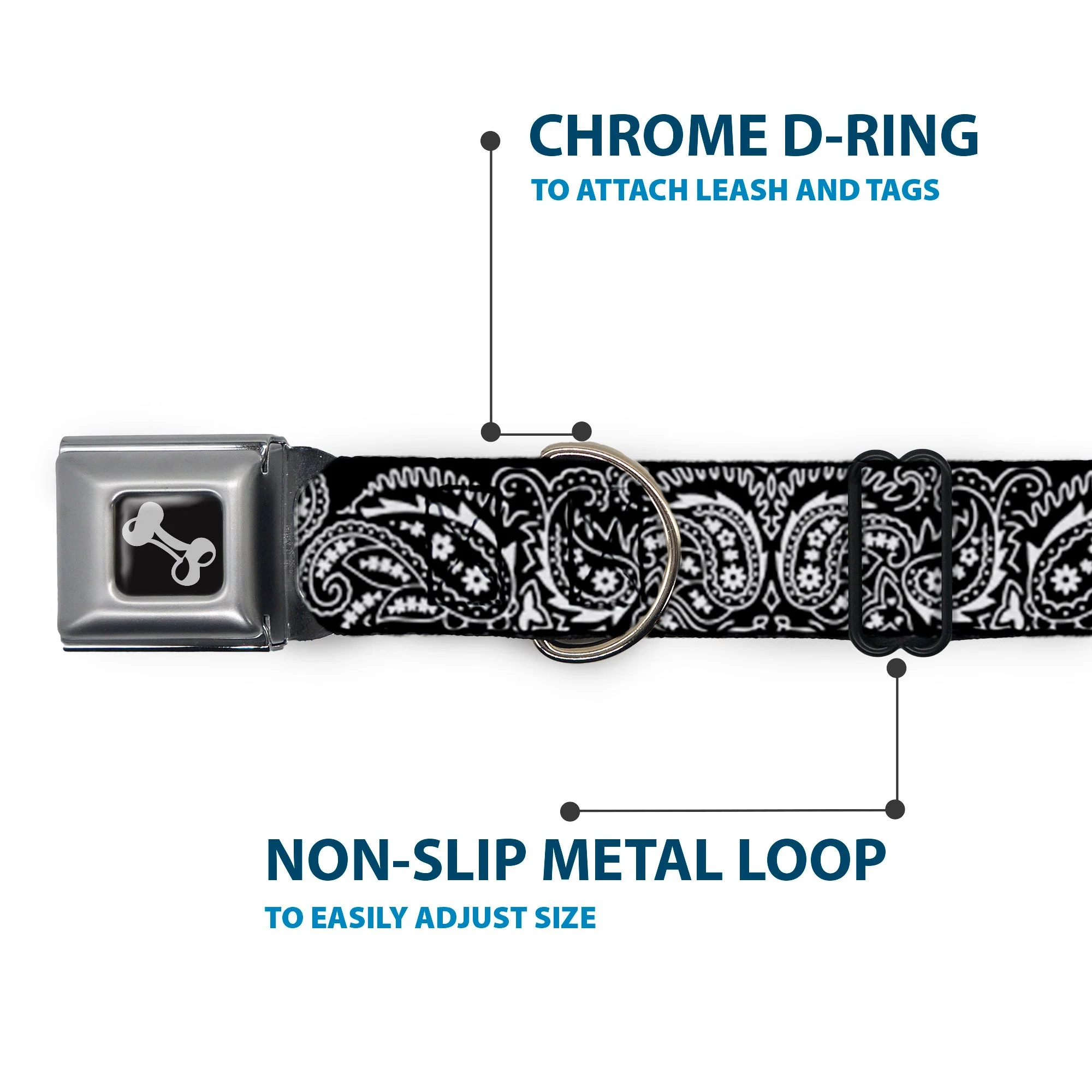 Dog Bone Seatbelt Buckle Collar - Floral Paisley2 Black/White - Image 5