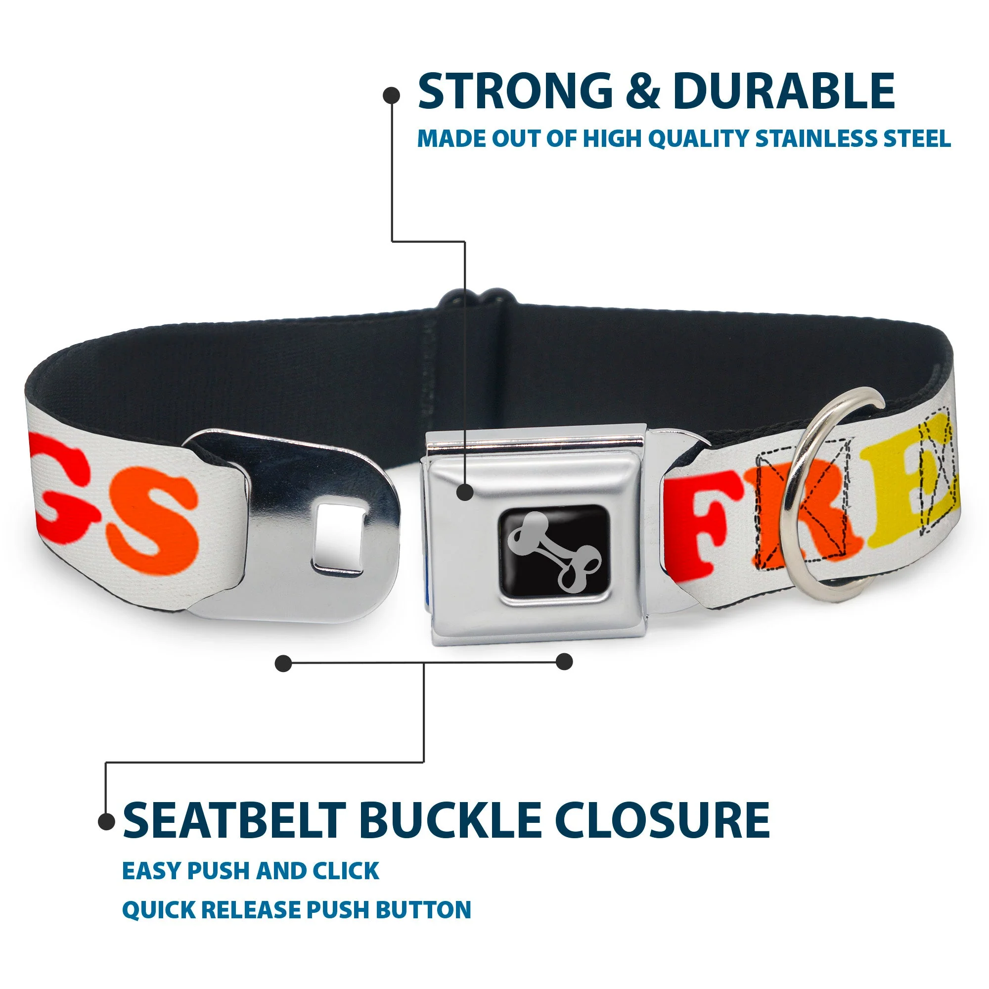 Dog Bone Seatbelt Buckle Collar - FREE HUGS White/Multi Color - Image 4