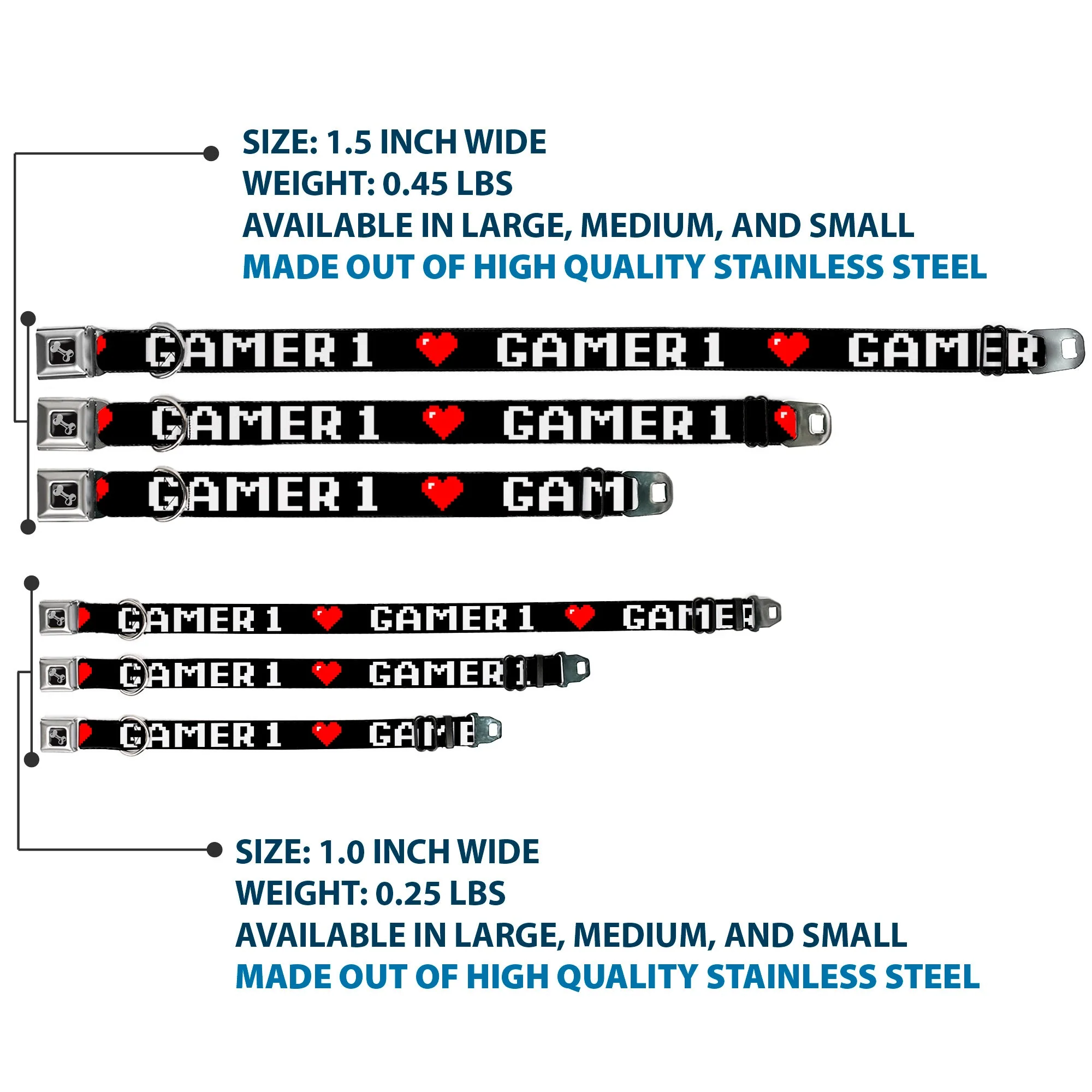 Dog Bone Seatbelt Buckle Collar - GAMER 1/Heart 8-Bit Black/White/Red - Image 3