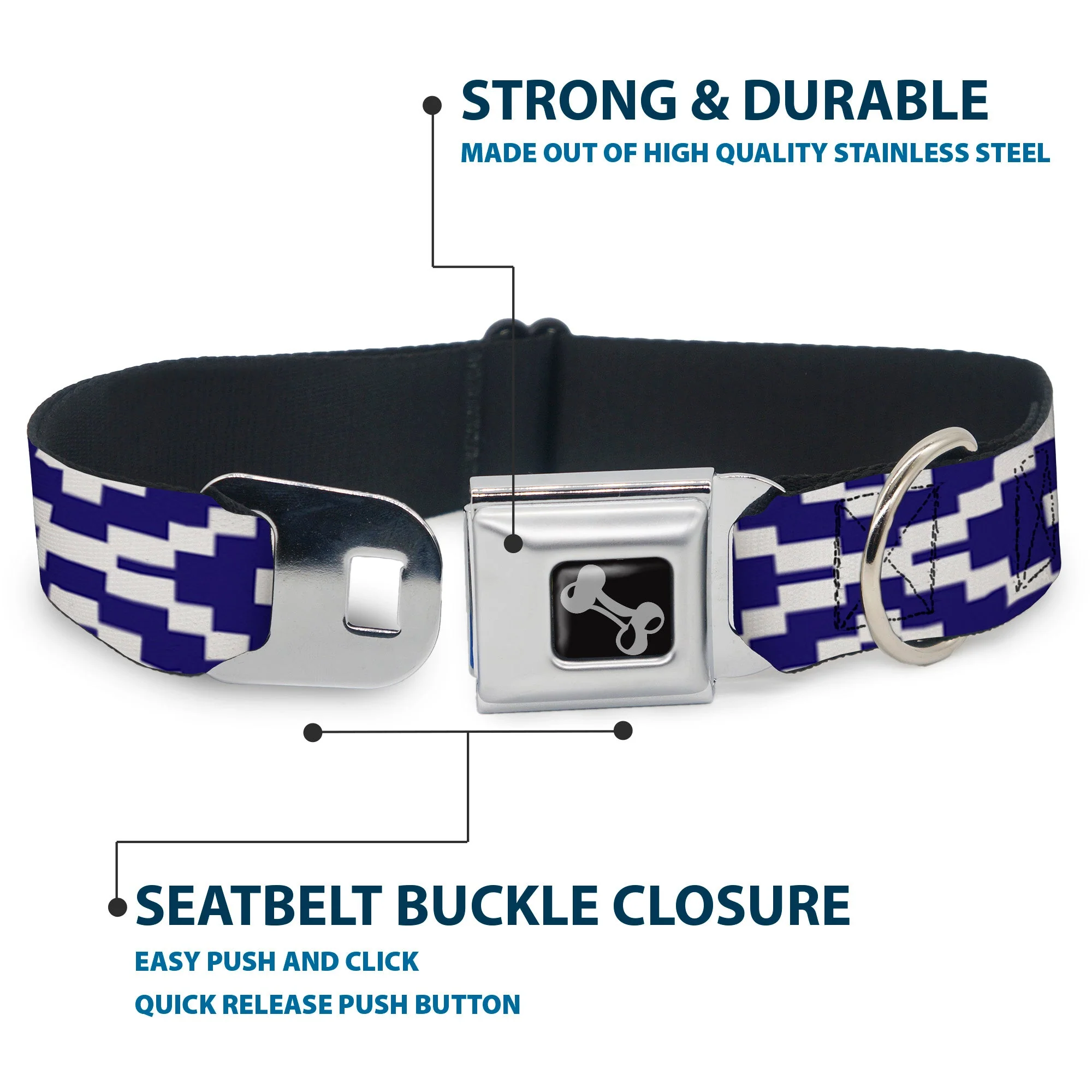 Dog Bone Seatbelt Buckle Collar - Geometric Diamond Blue/White - Image 4