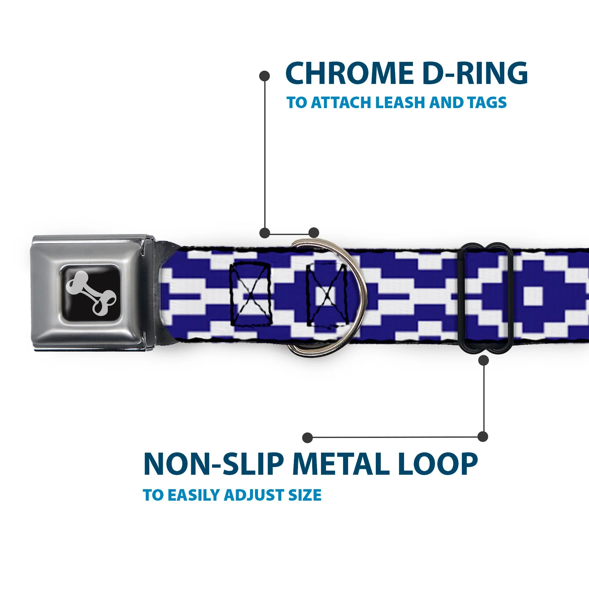 Dog Bone Seatbelt Buckle Collar - Geometric Diamond Blue/White - Image 5