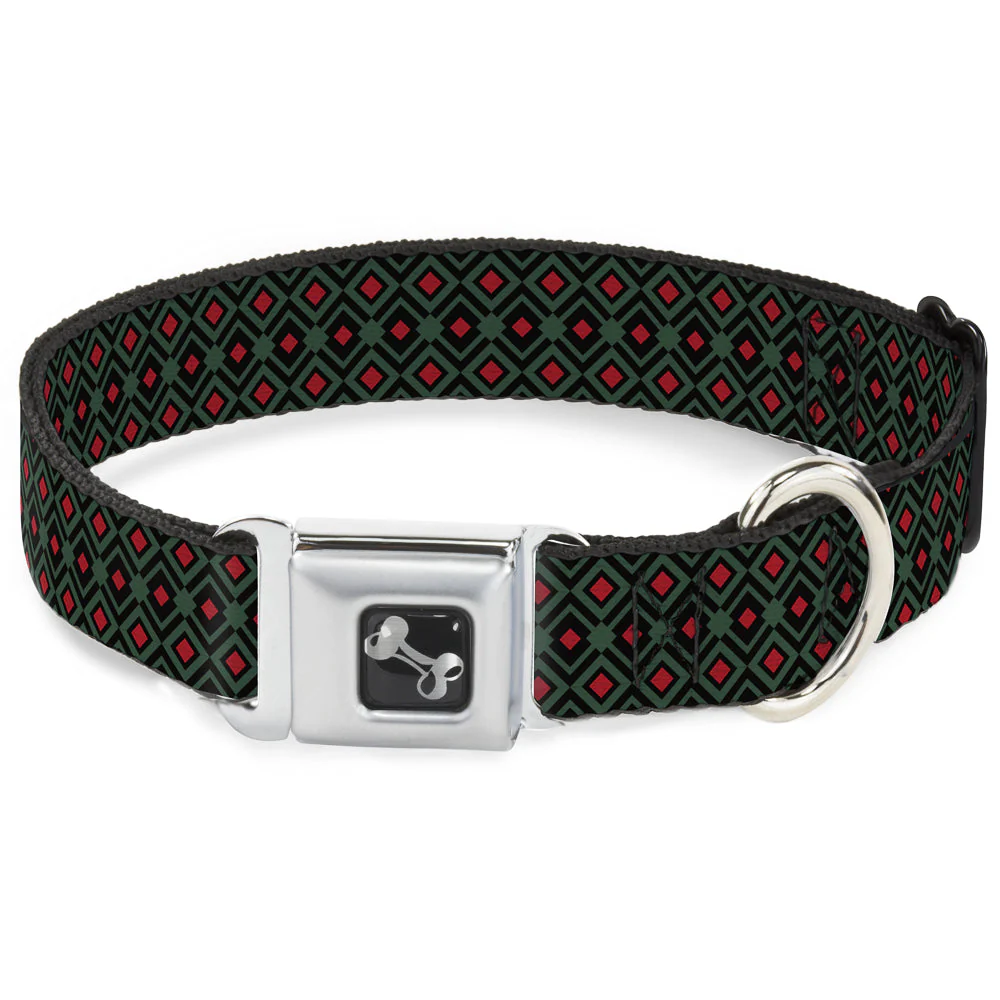 Dog Bone Seatbelt Buckle Collar - Geometric3 Black/Forest Green/Red