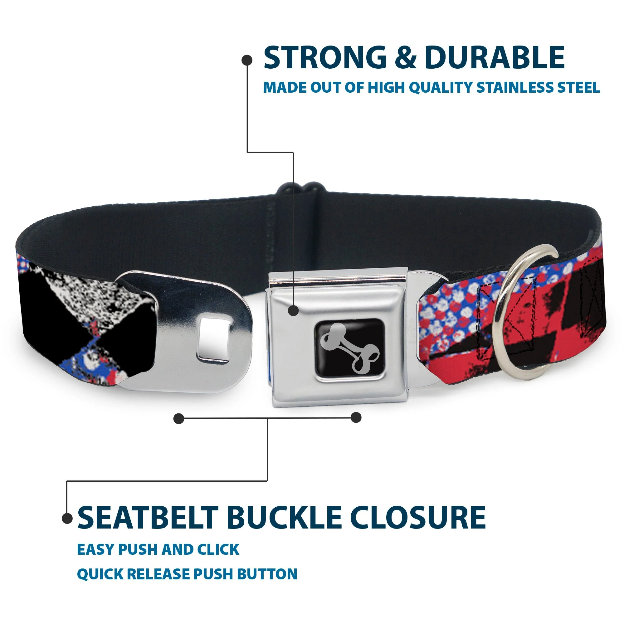 Dog Bone Seatbelt Buckle Collar - Grunge Checker Flag Blue/Red - Image 4
