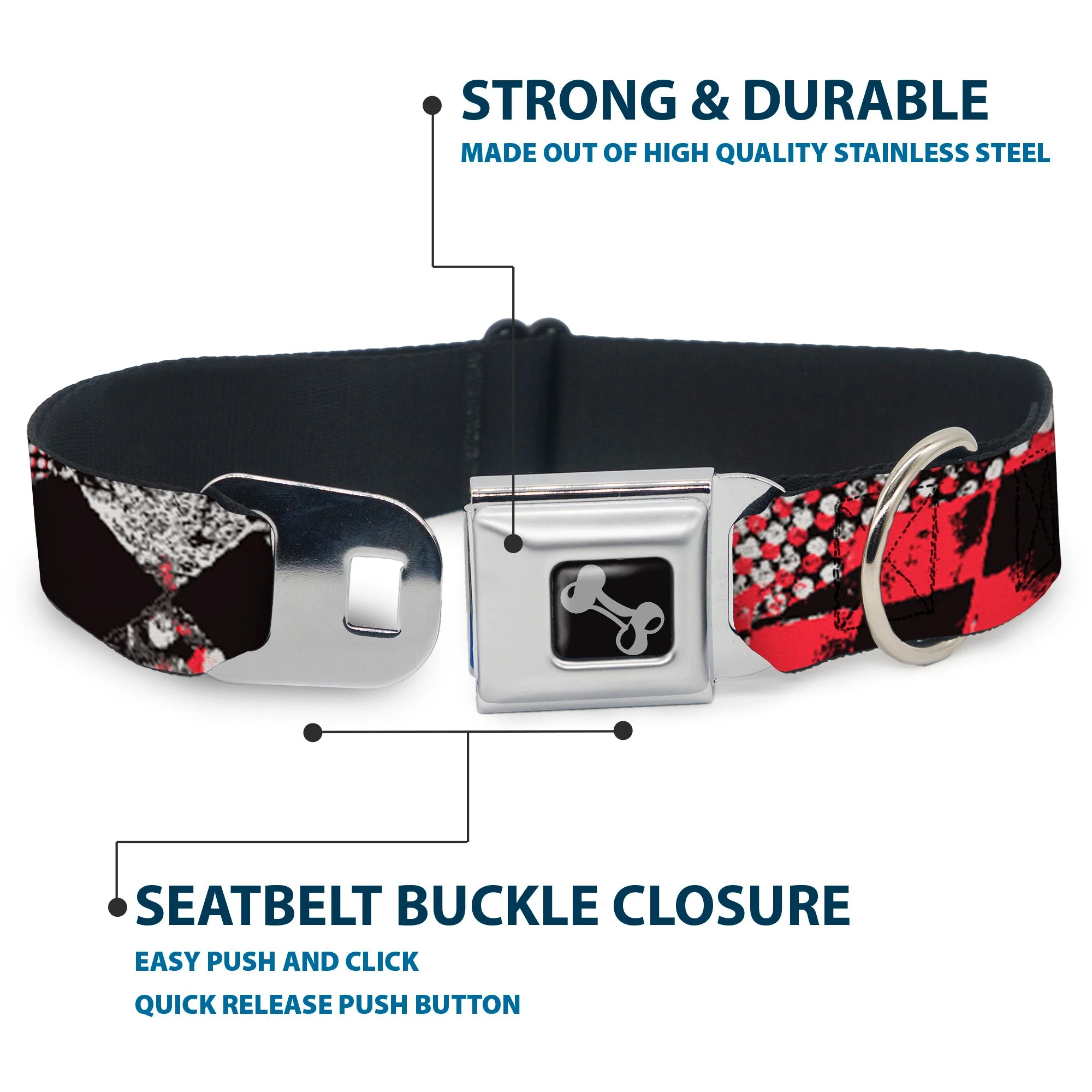 Dog Bone Seatbelt Buckle Collar - Grunge Checker Flag Red - Image 4