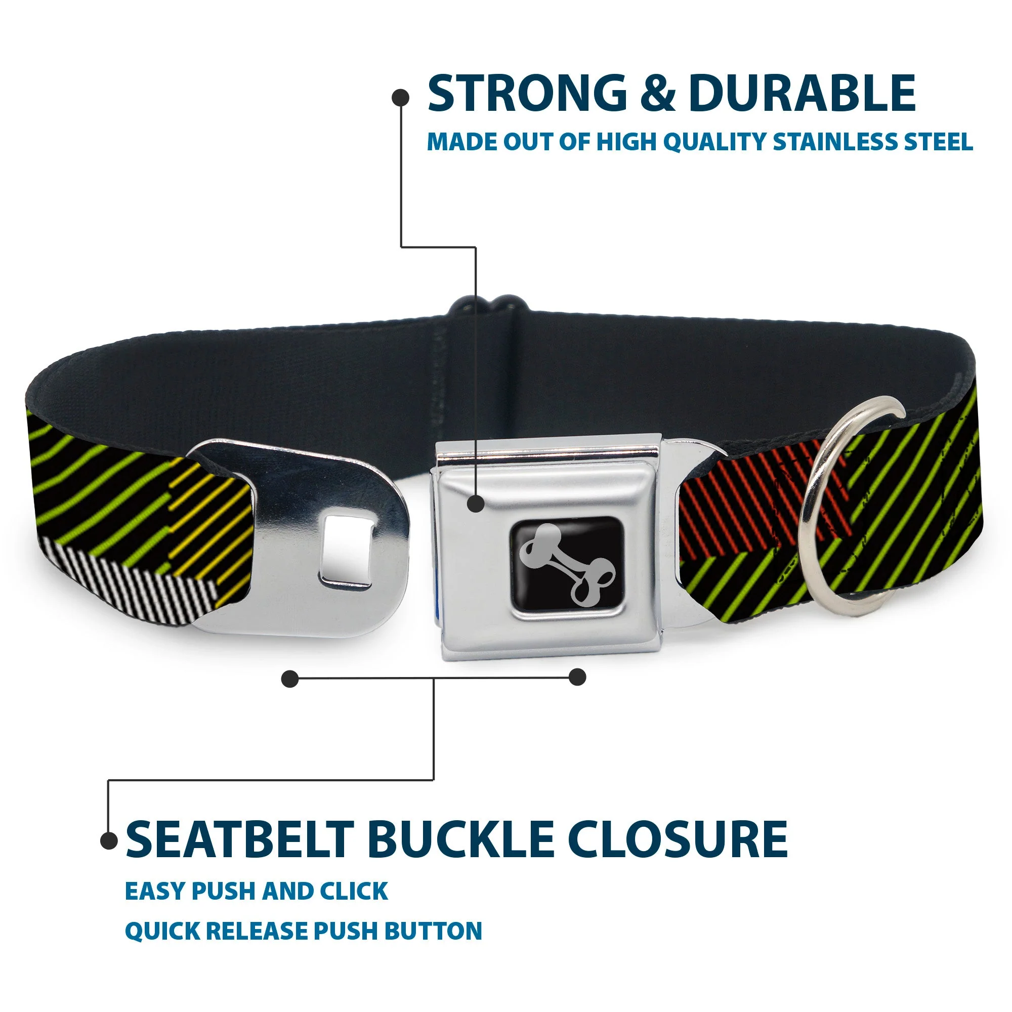 Dog Bone Seatbelt Buckle Collar - Hash Mark Stripe Black/Multi Color - Image 4
