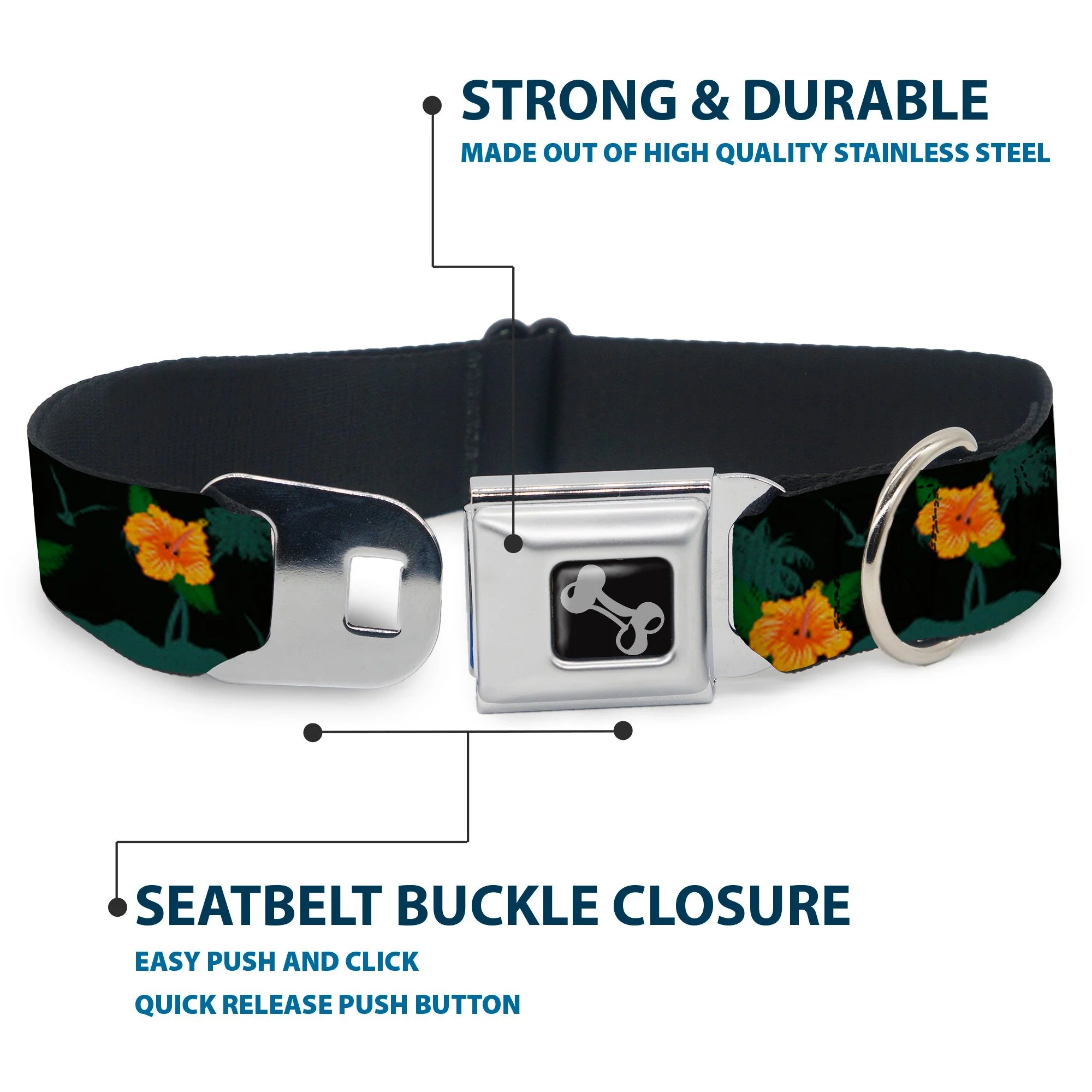 Dog Bone Seatbelt Buckle Collar - Hibiscus Flowers Black/Green/Orange - Image 4