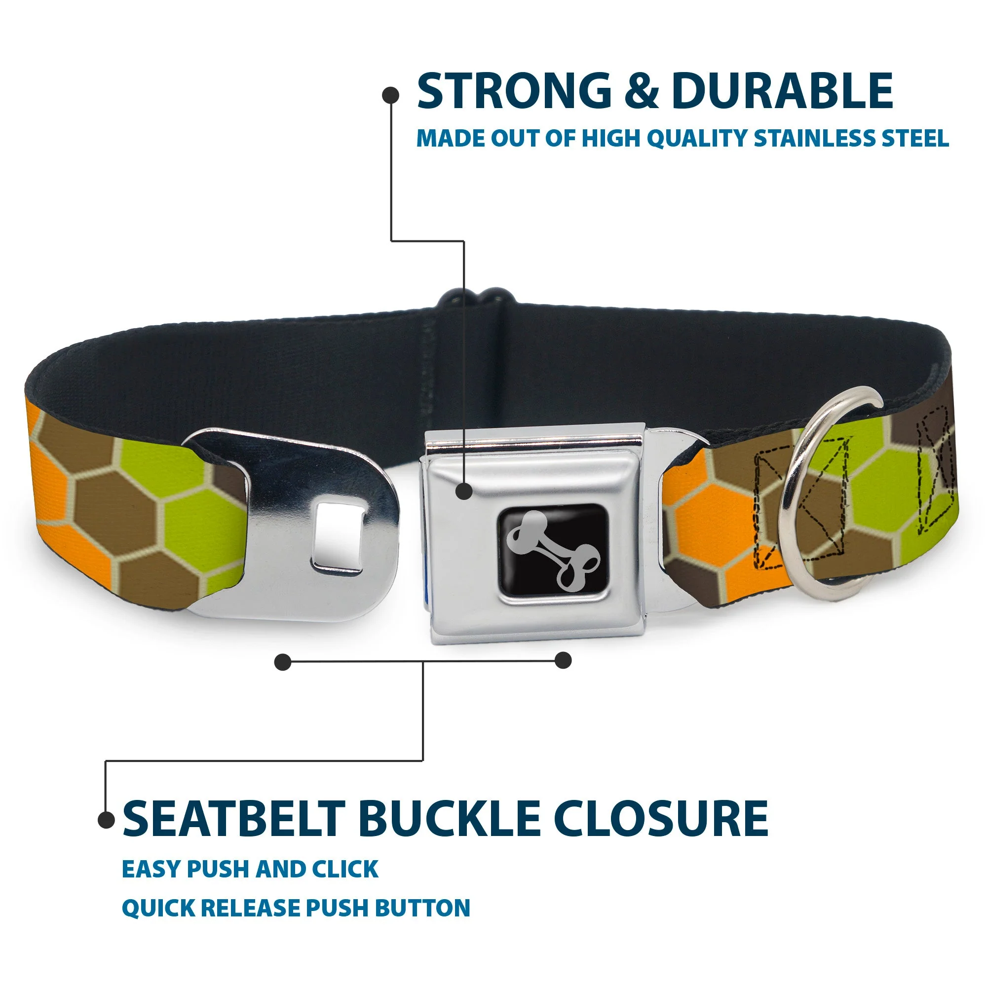 Dog Bone Seatbelt Buckle Collar - Honeycomb Greens/Orange - Image 4
