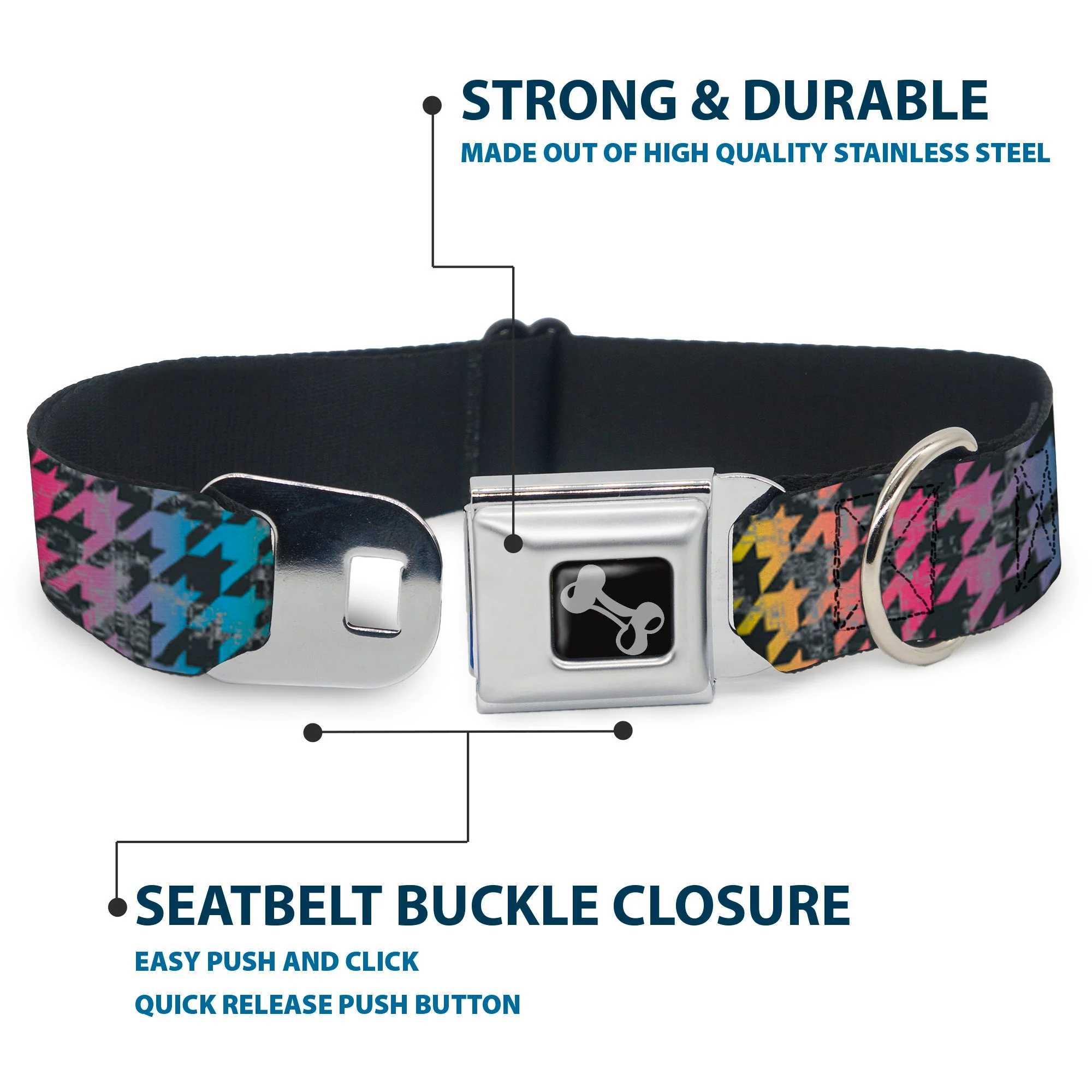 Dog Bone Seatbelt Buckle Collar - Houndstooth Black/Rainbow - Image 4