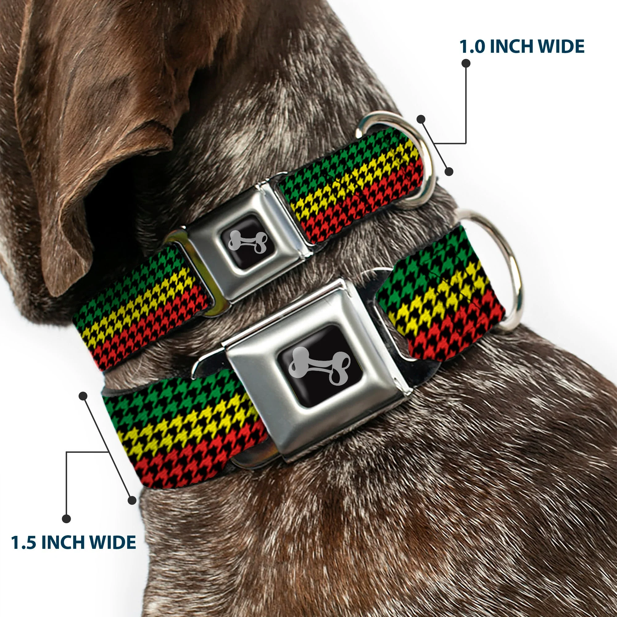 Dog Bone Seatbelt Buckle Collar - Houndstooth Black/Rasta - Image 2