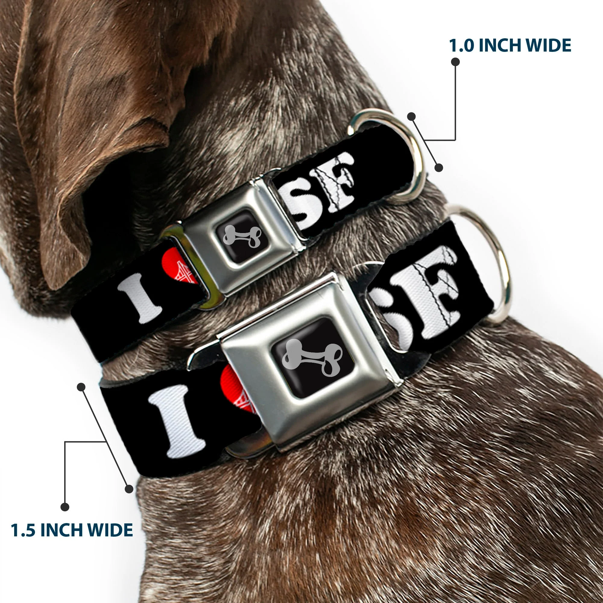 Dog Bone Seatbelt Buckle Collar - I "HEART BRIDGE" SF Black/White/Red - Image 2