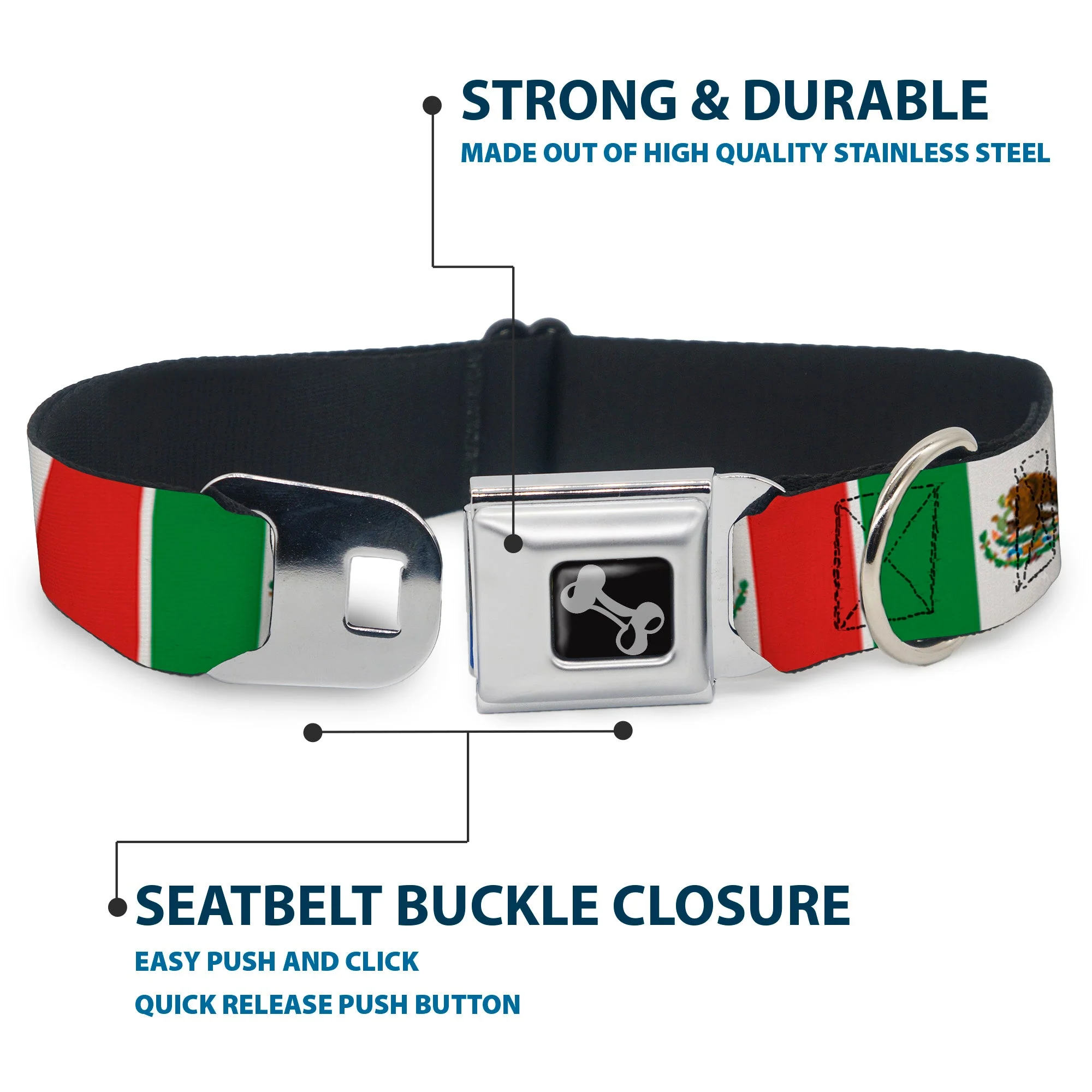 Dog Bone Seatbelt Buckle Collar - Mexico Flags - Image 4