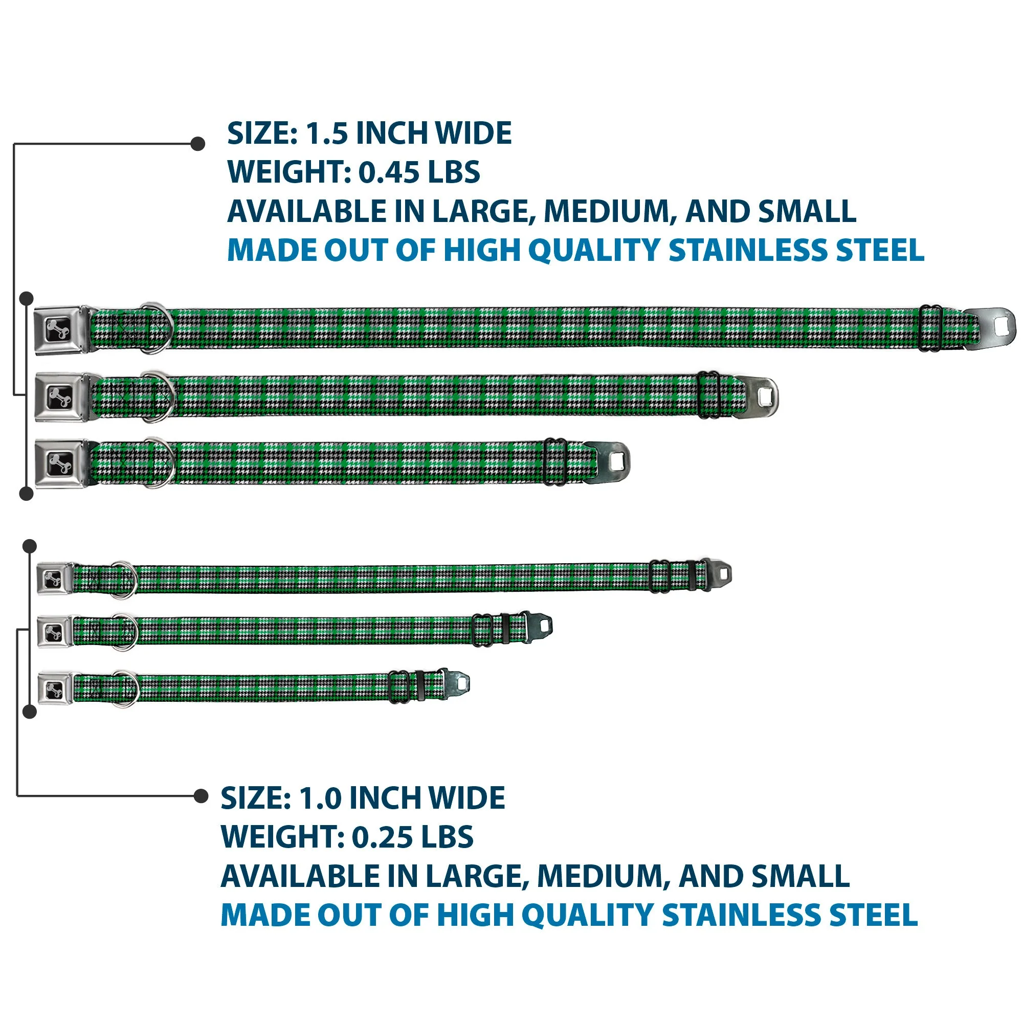 Dog Bone Seatbelt Buckle Collar - Mini Houndstooth Green/Black/Gray - Image 3