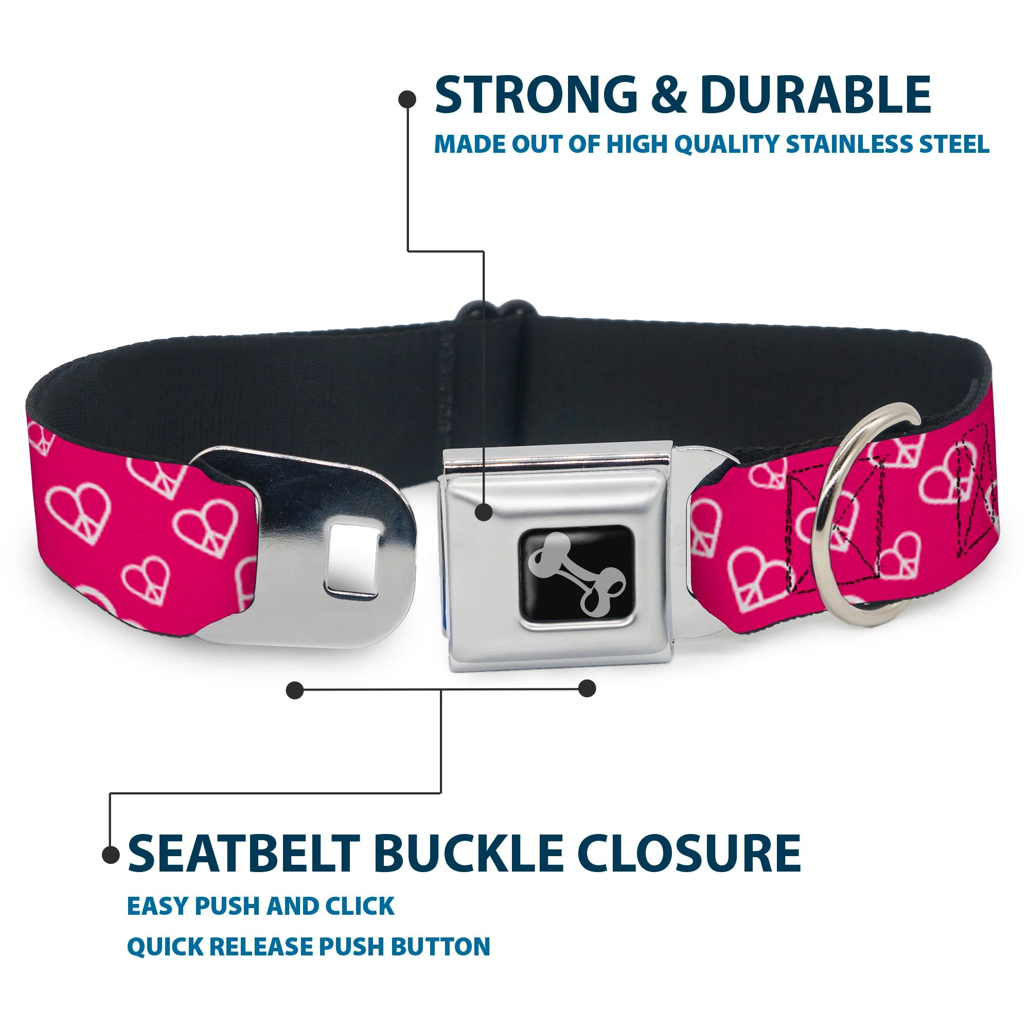 Dog Bone Seatbelt Buckle Collar - Mini Peace Hearts Fuchsia/White - Image 4
