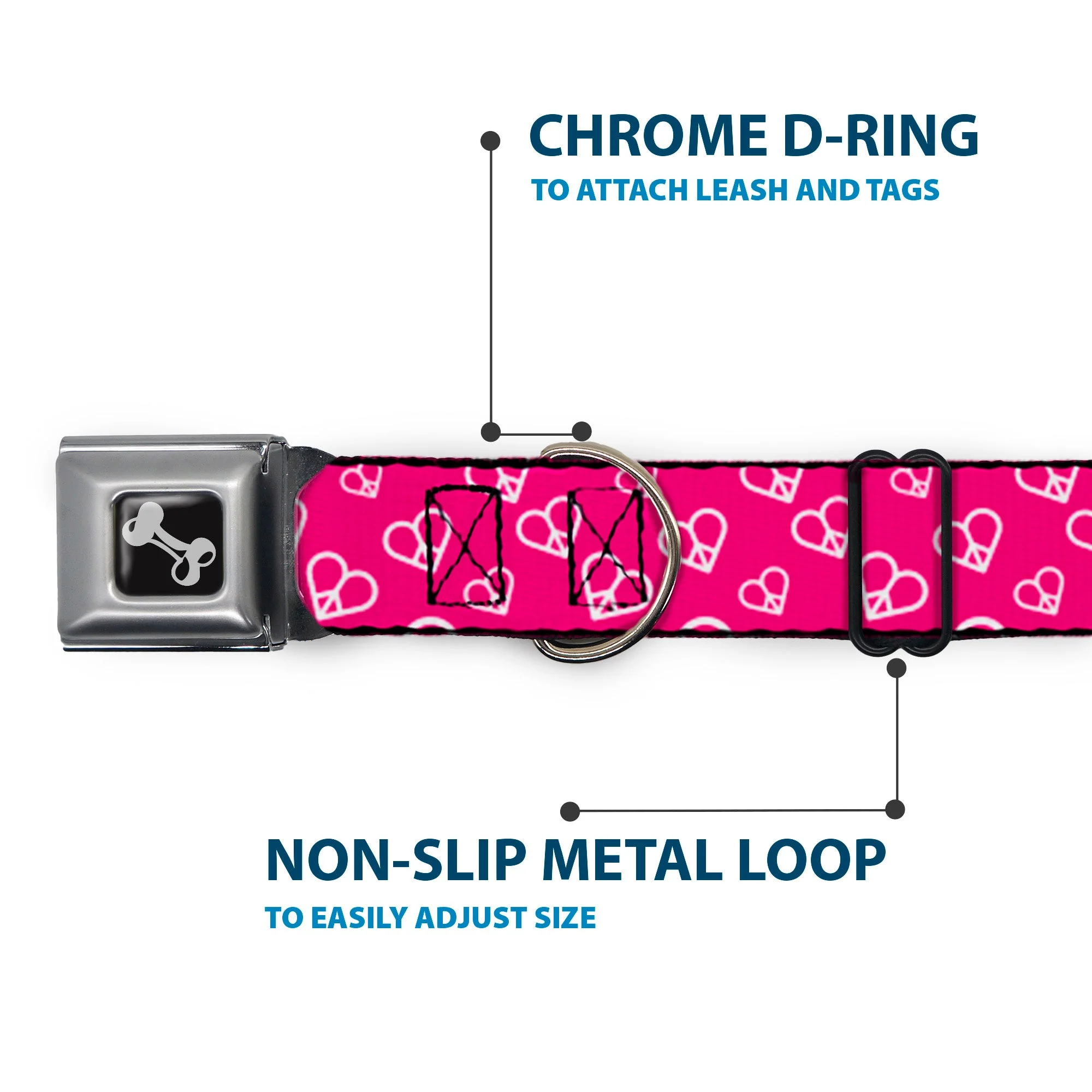 Dog Bone Seatbelt Buckle Collar - Mini Peace Hearts Fuchsia/White - Image 5