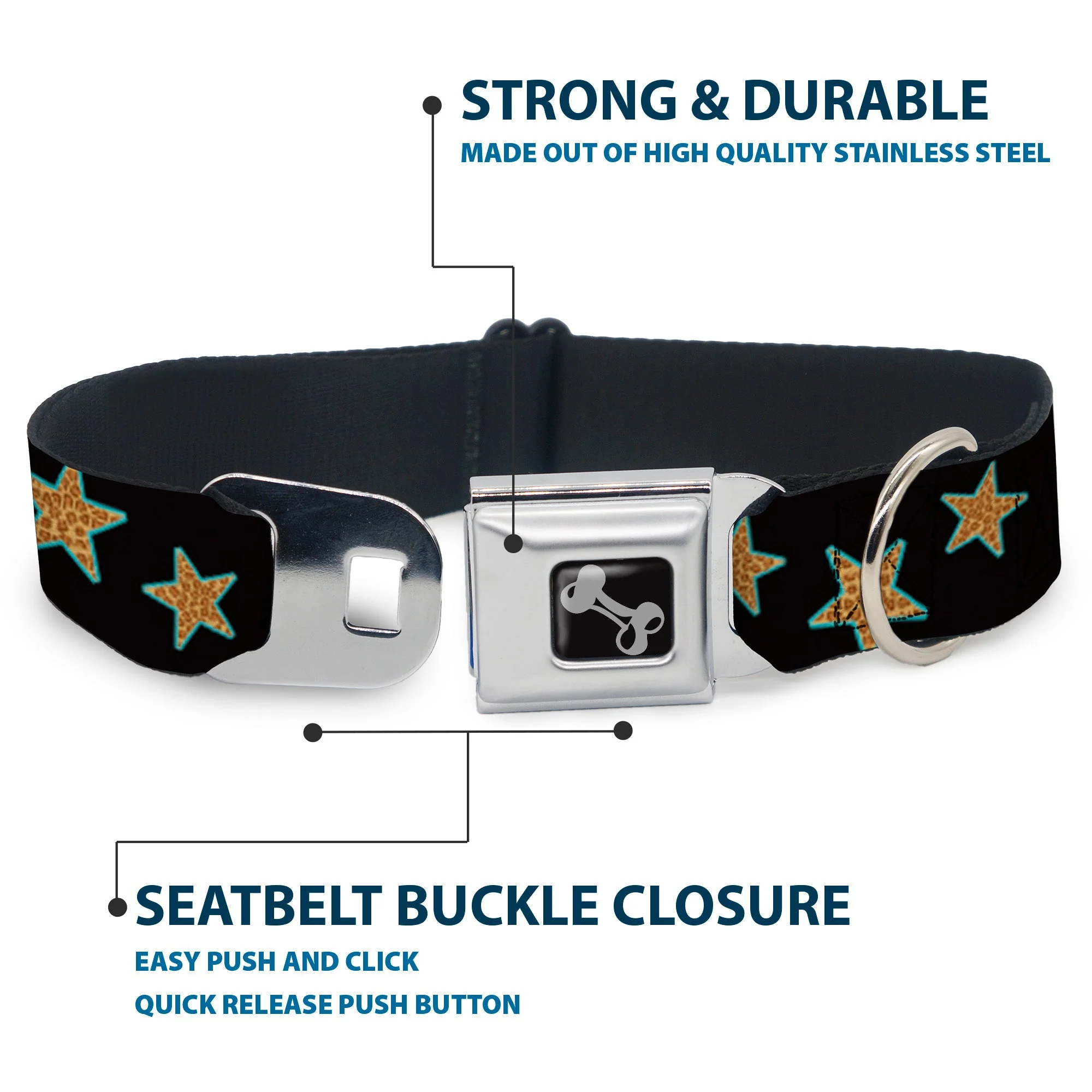 Dog Bone Seatbelt Buckle Collar - Multi Stars Black/Leopard/Baby Blue Outline - Image 4
