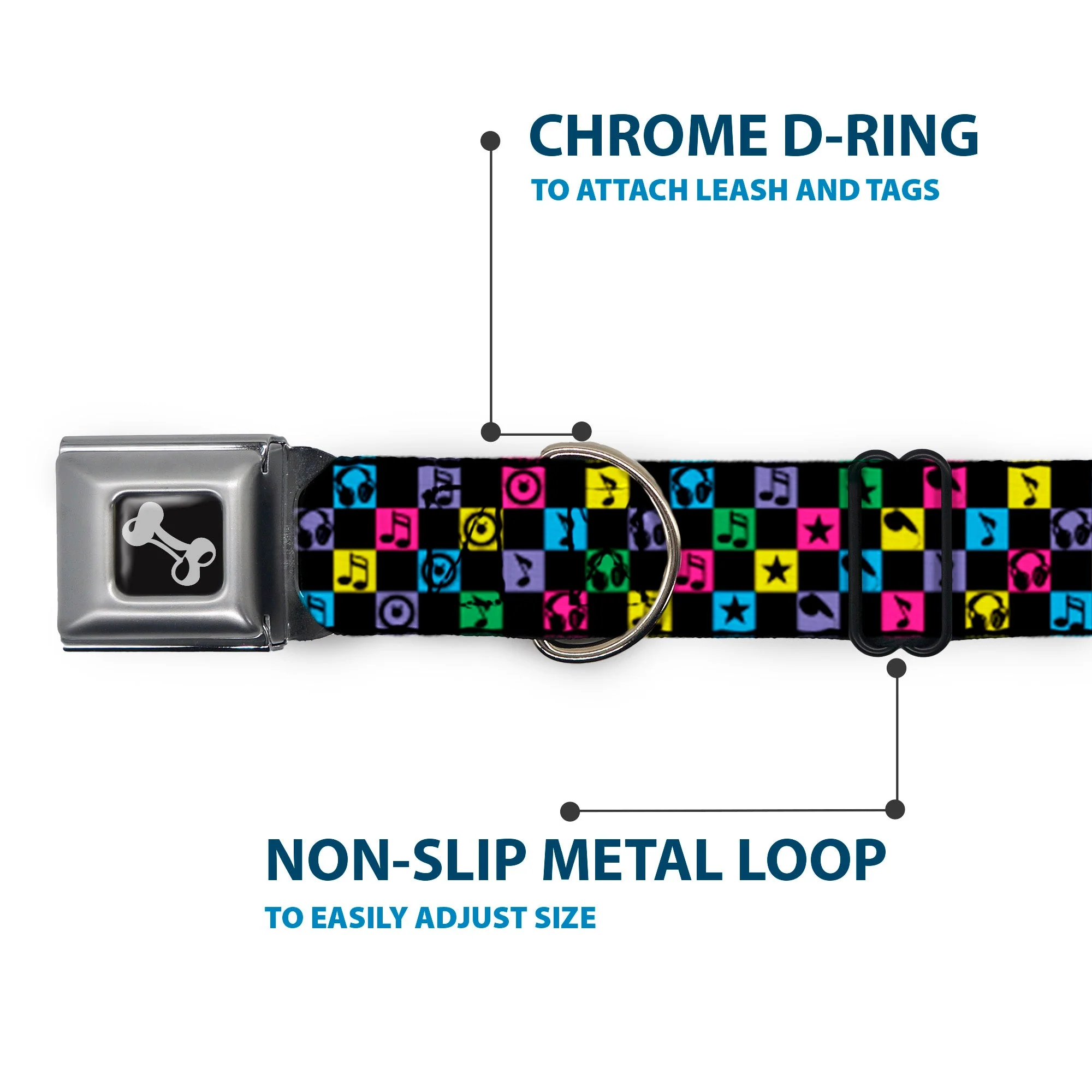 Dog Bone Seatbelt Buckle Collar - Musical Checkers Black/Neon - Image 5