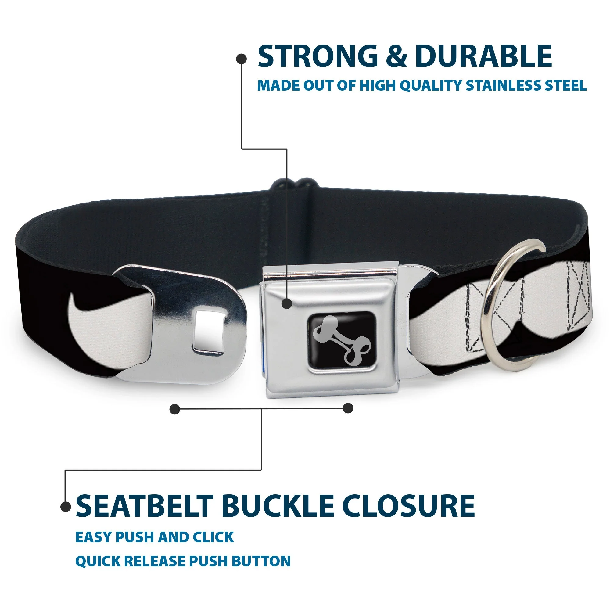 Dog Bone Seatbelt Buckle Collar - Mustache Black/White - Image 4