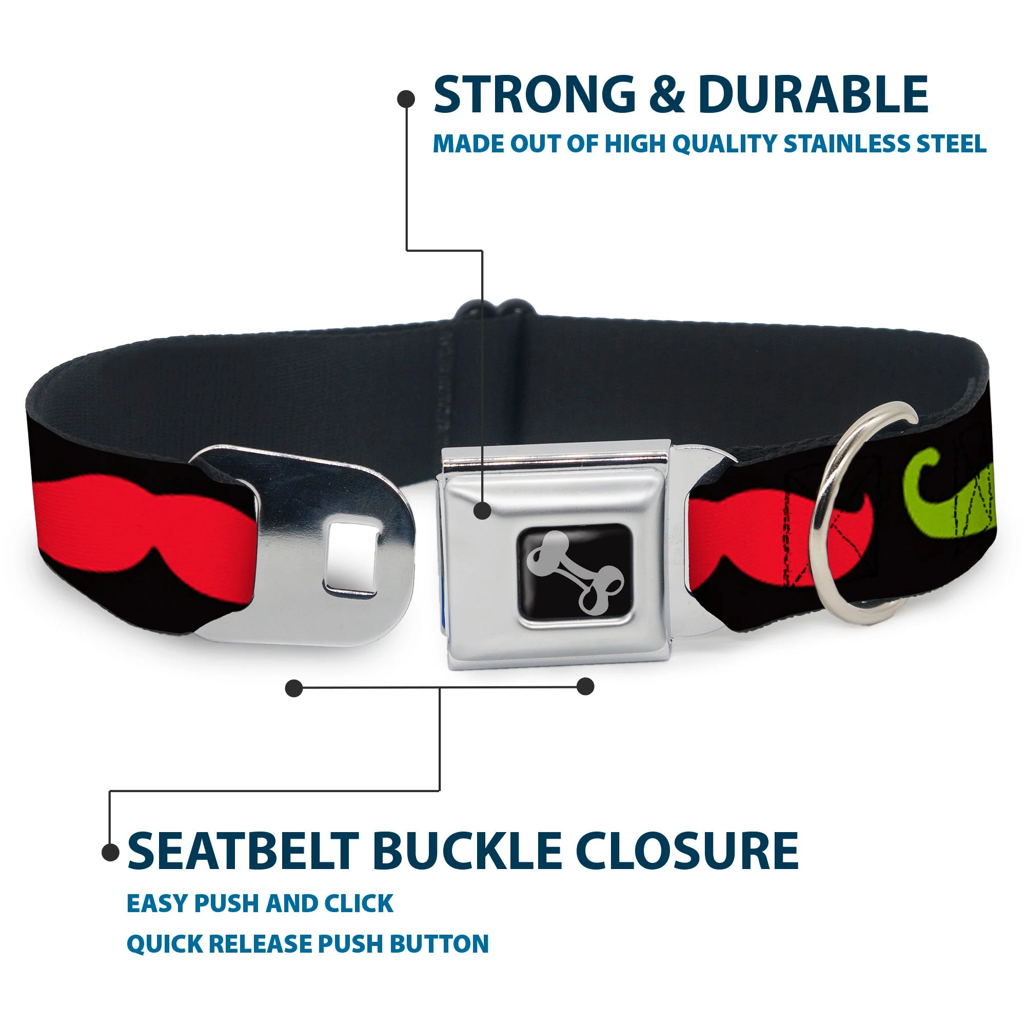 Dog Bone Seatbelt Buckle Collar - Mustaches-4 Black/Multi Color - Image 4